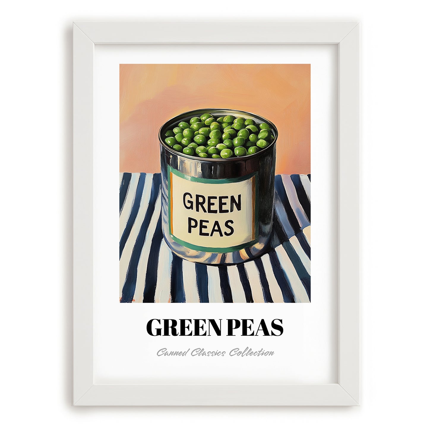 Green Peas – on Striped Tablecloth, Canned Vegetables Poster, placed in minimal white frame