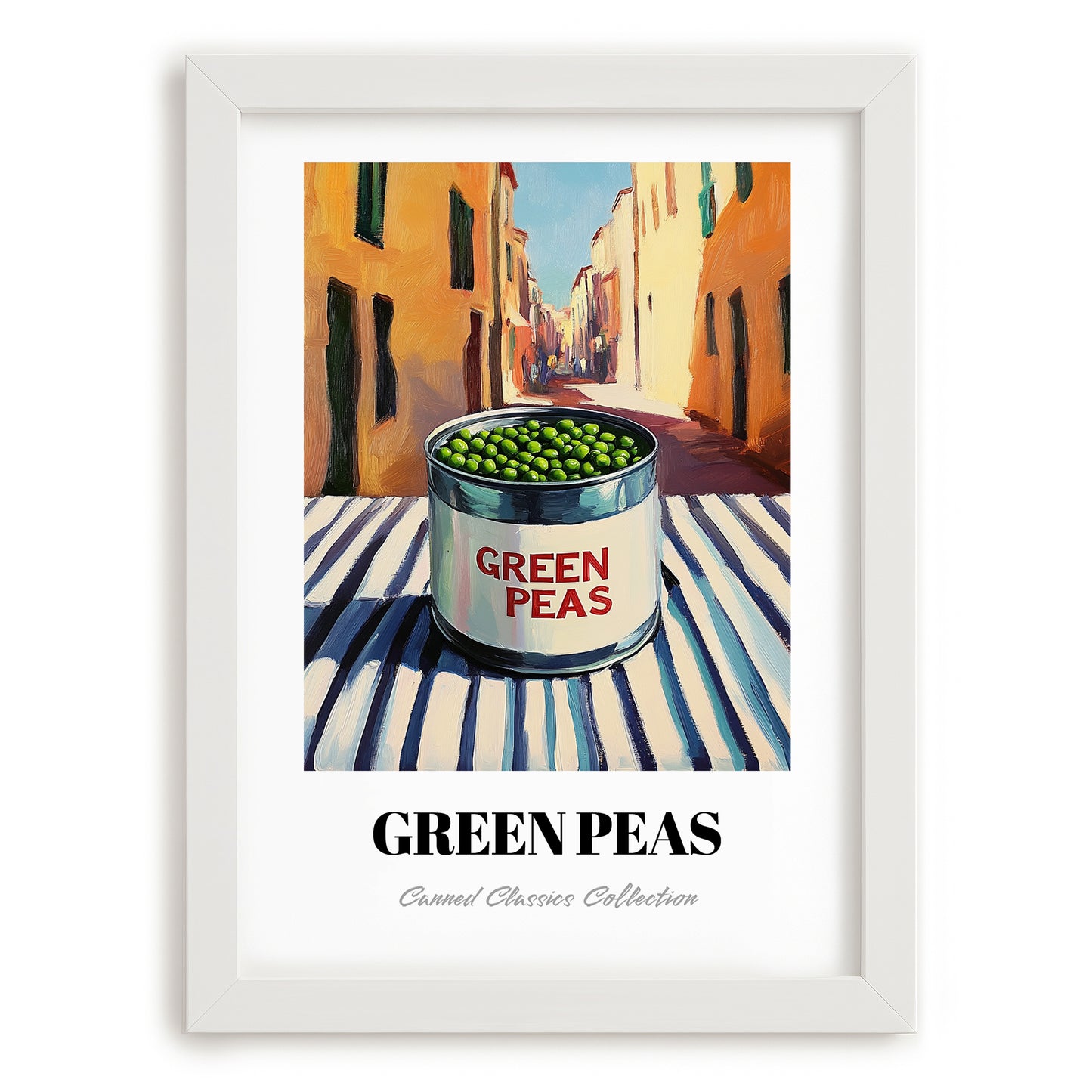 Green Peas – Italian Outdoor Café Scene, Canned Vegetables Wall Art, placed in minimal white frame