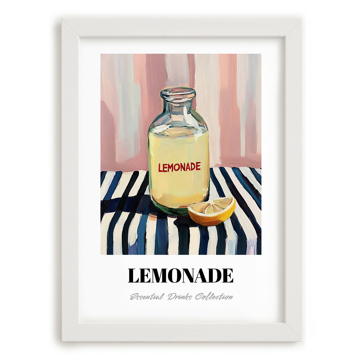 Lemonade – on Striped Tablecloth, Lemonade Poster, placed in minimal white frame