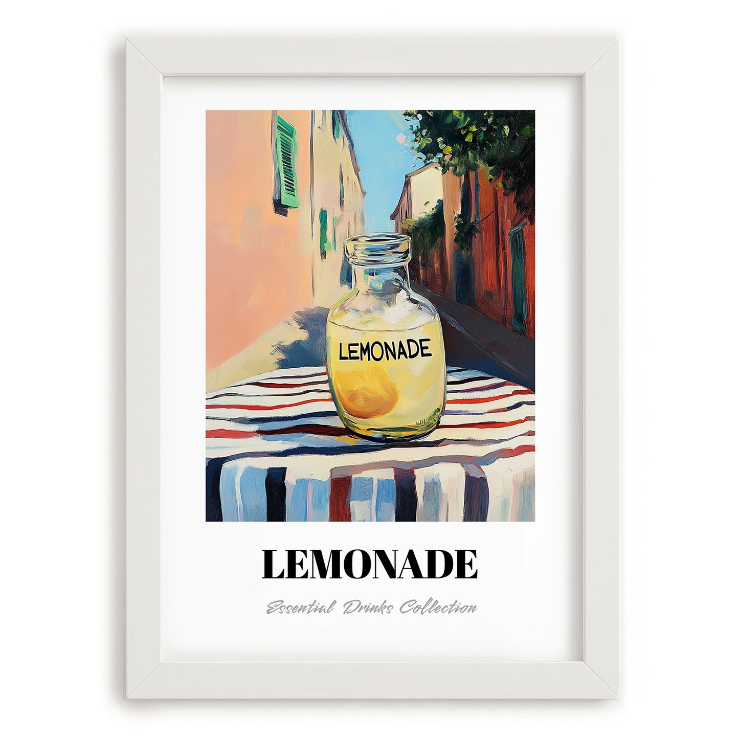 Lemonade – Italian Street Café Scene, Lemonade Illustration, placed in minimal white frame