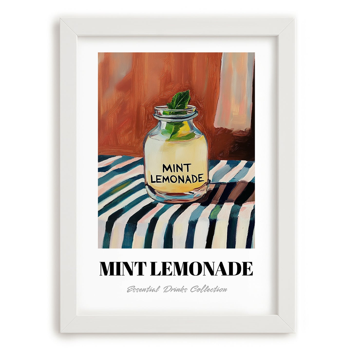 Mint Lemonade – on Striped Tablecloth, Lemonade Still Life, placed in minimal white frame