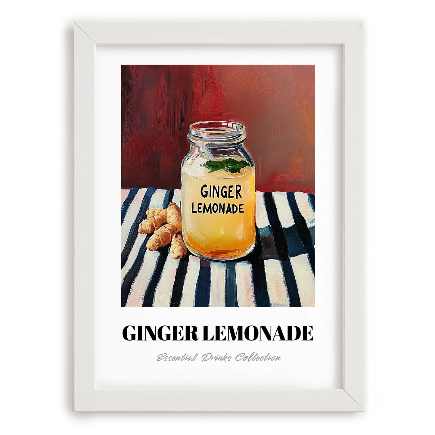 Ginger Lemonade – on Striped Tablecloth, Lemonade Wall Decor, placed in minimal white frame