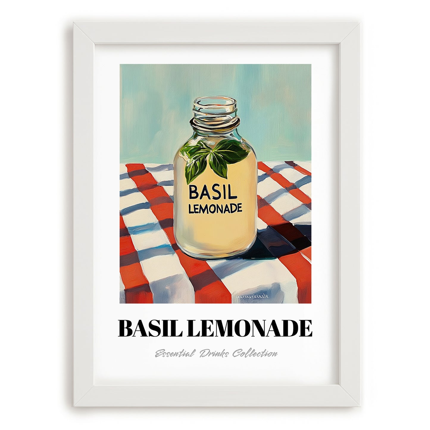 Basil Lemonade – on Striped Tablecloth, Lemonade Illustration, placed in minimal white frame