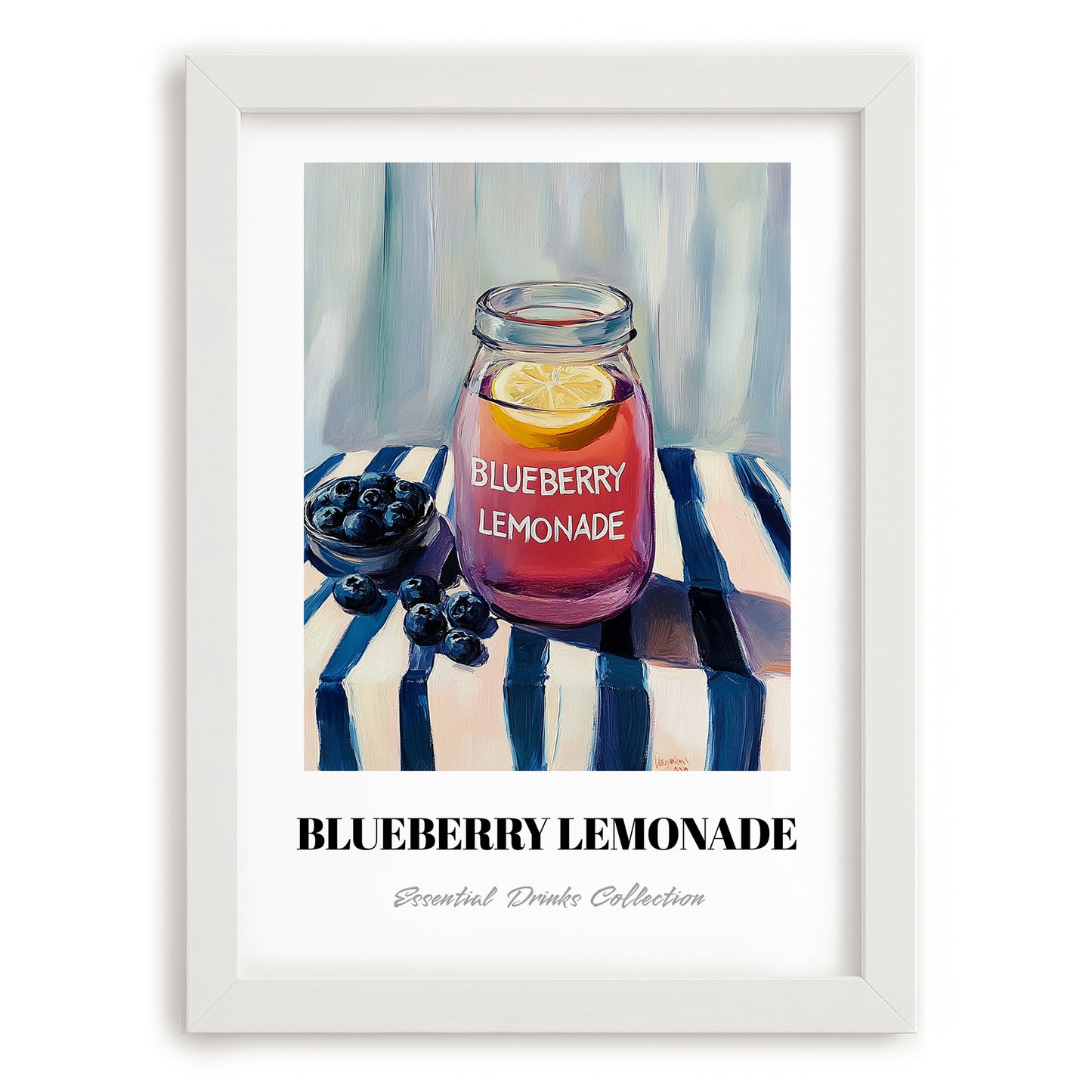 Blueberry Lemonade – on Striped Tablecloth, Lemonade Art, placed in minimal white frame