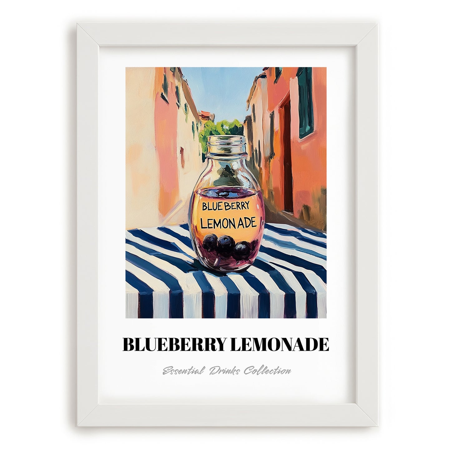 Blueberry Lemonade – Italian Outdoor Café Scene, Lemonade Wall Decor, placed in minimal white frame