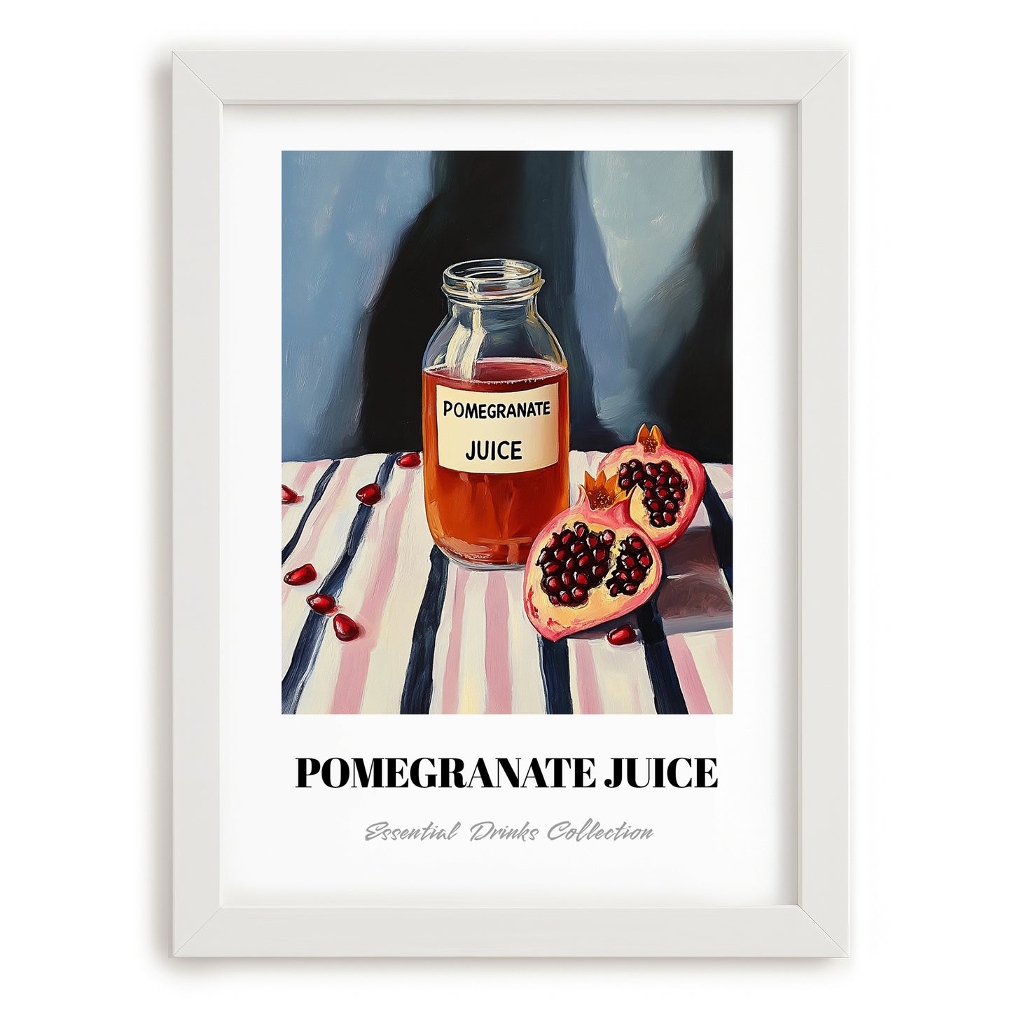 Pomegranate Juice – on Striped Tablecloth, Lemonade Art, placed in minimal white frame