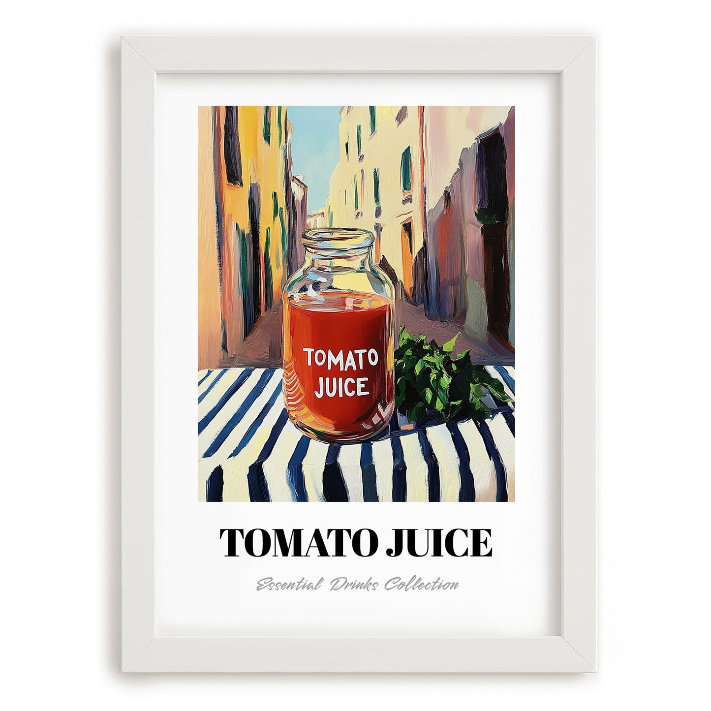Tomato Juice – Italian Street Café Scene, Lemonade Illustration, placed in minimal white frame
