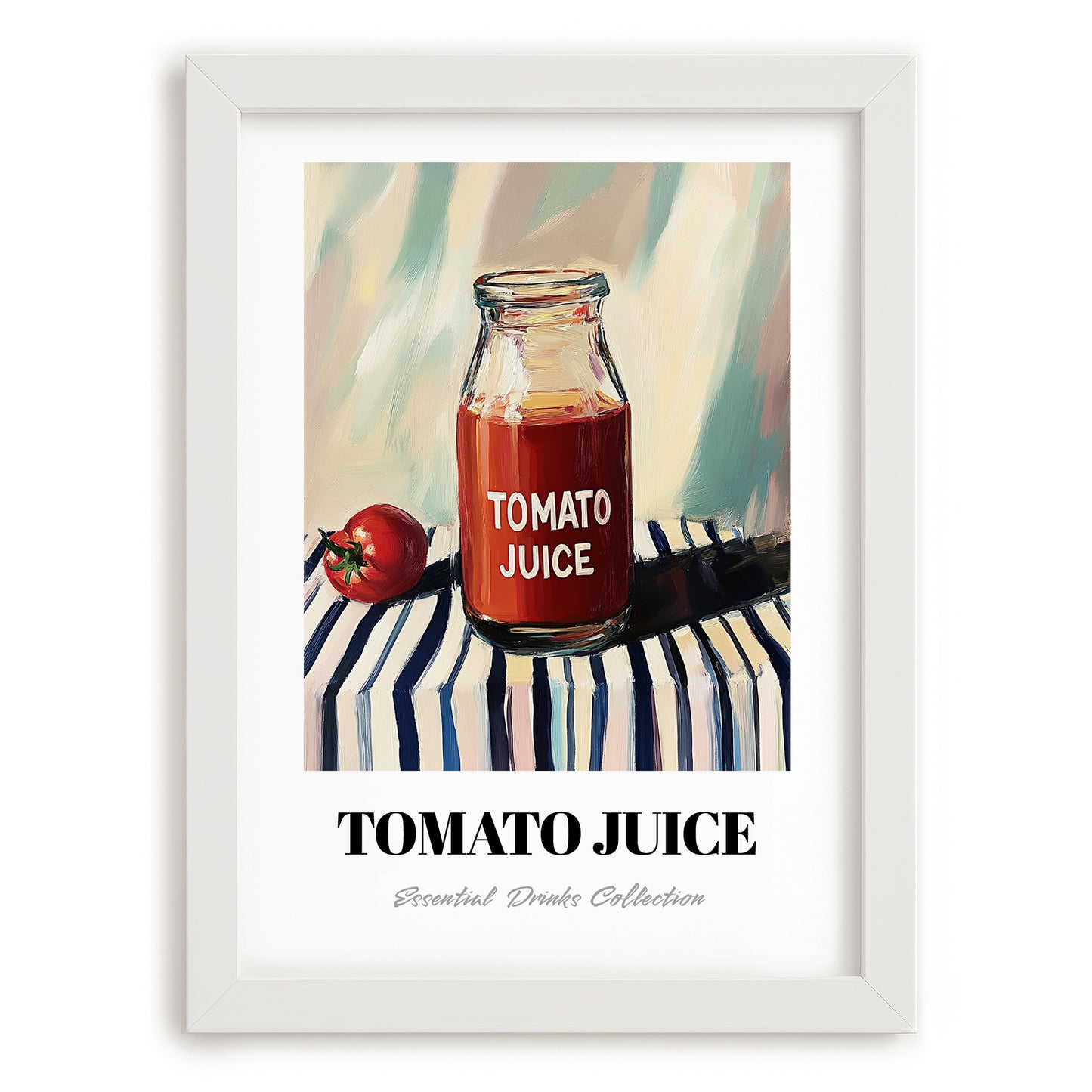 Tomato Juice – on Striped Tablecloth, Lemonade Art, placed in minimal white frame