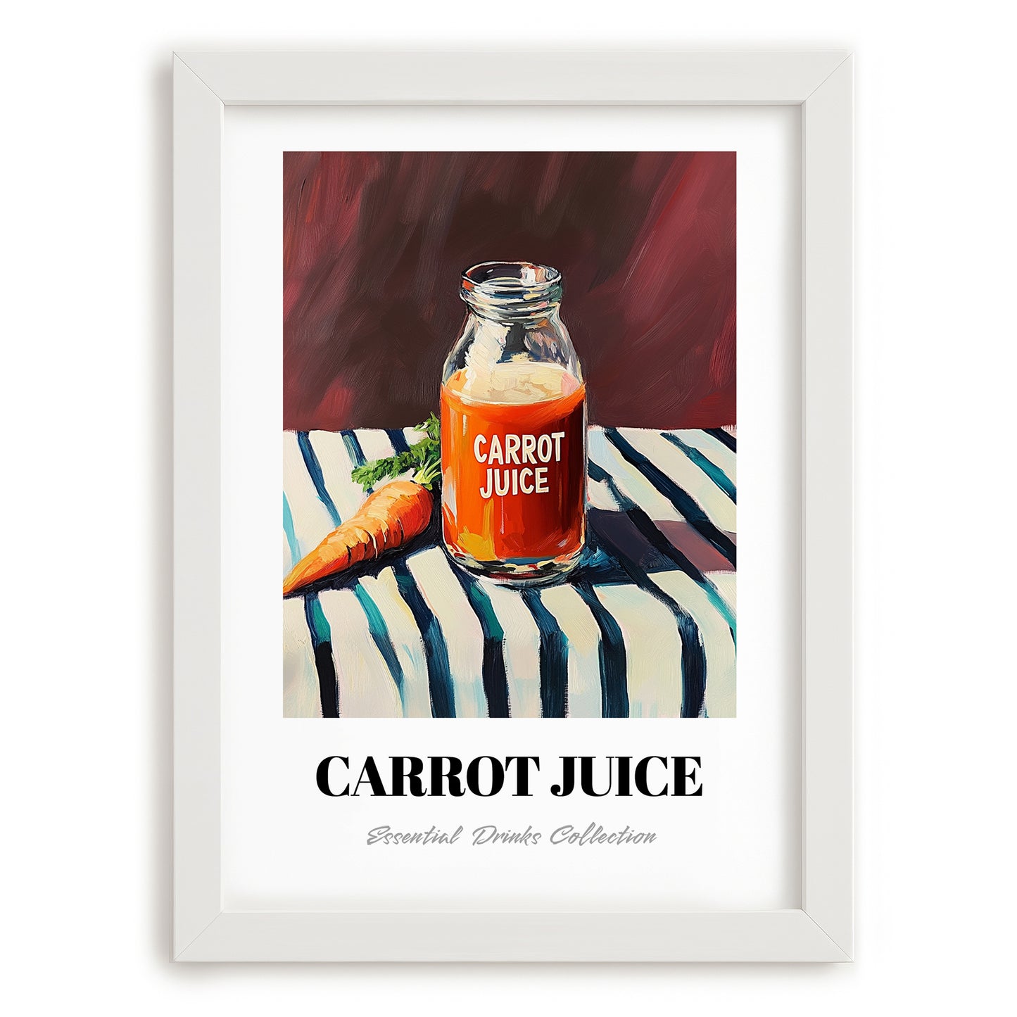 Carrot Juice – on Striped Tablecloth, Lemonade Wall Decor, placed in minimal white frame