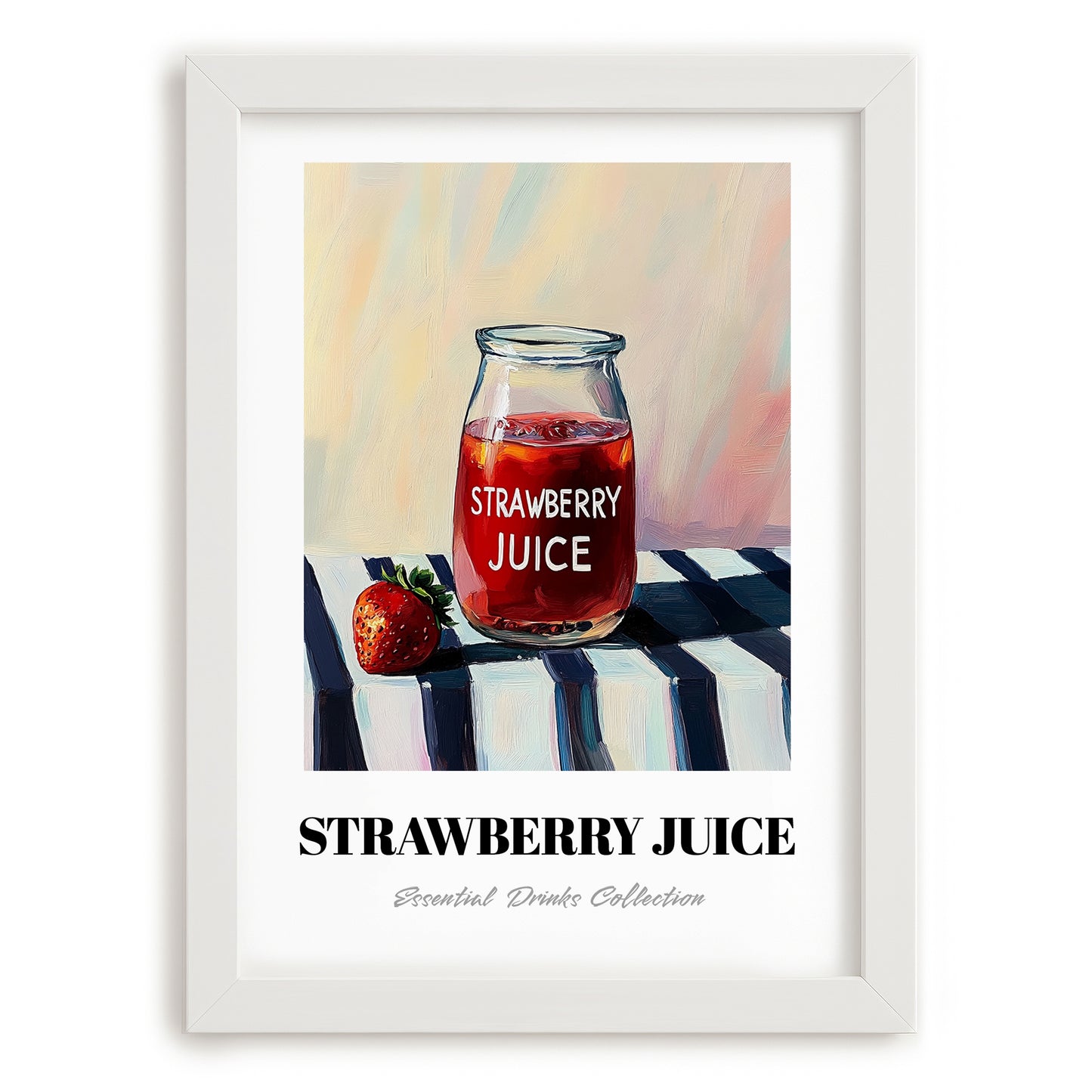 Strawberry Juice – on Striped Tablecloth, Lemonade Painting, placed in minimal white frame