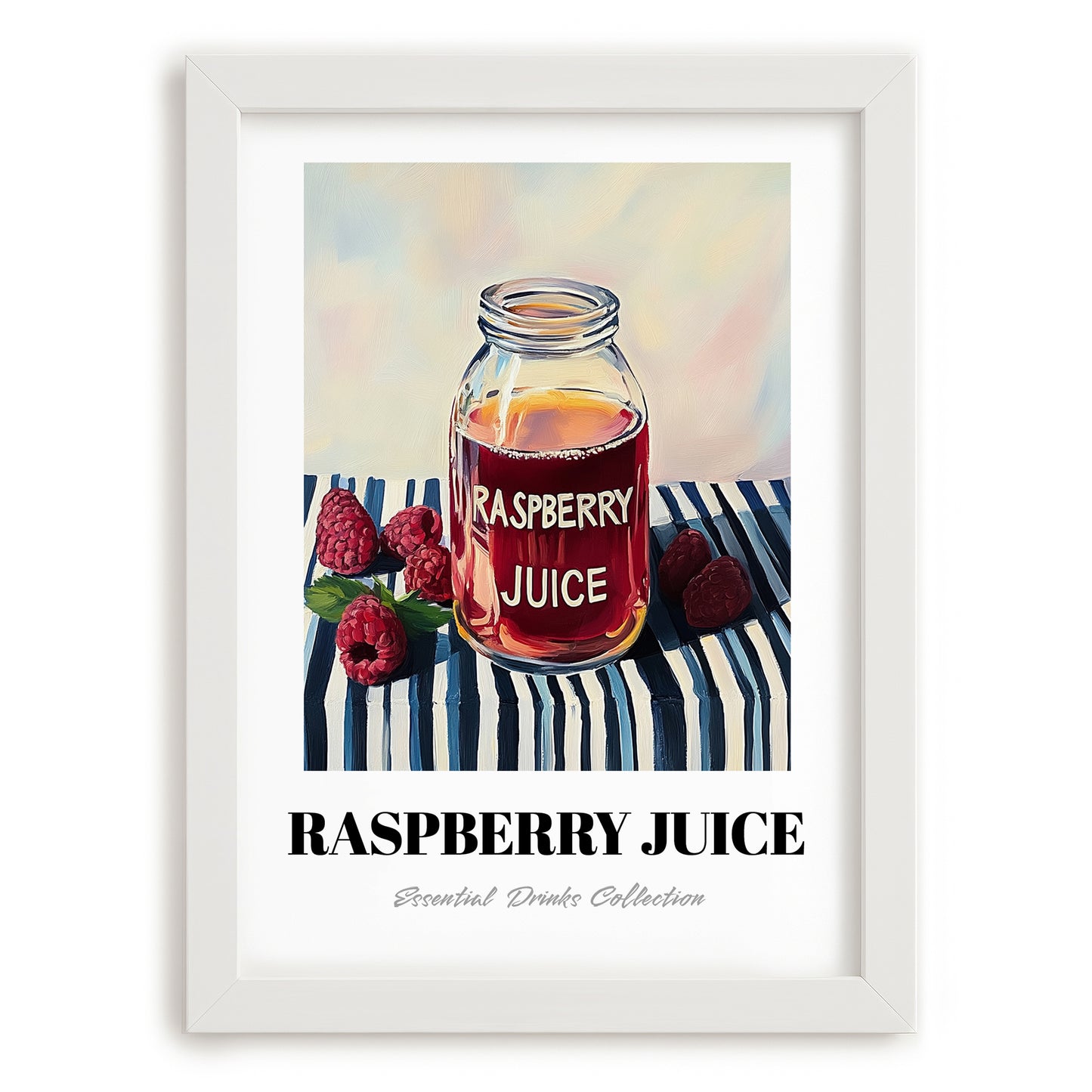 Raspberry Juice – on Striped Tablecloth, Lemonade Illustration, placed in minimal white frame