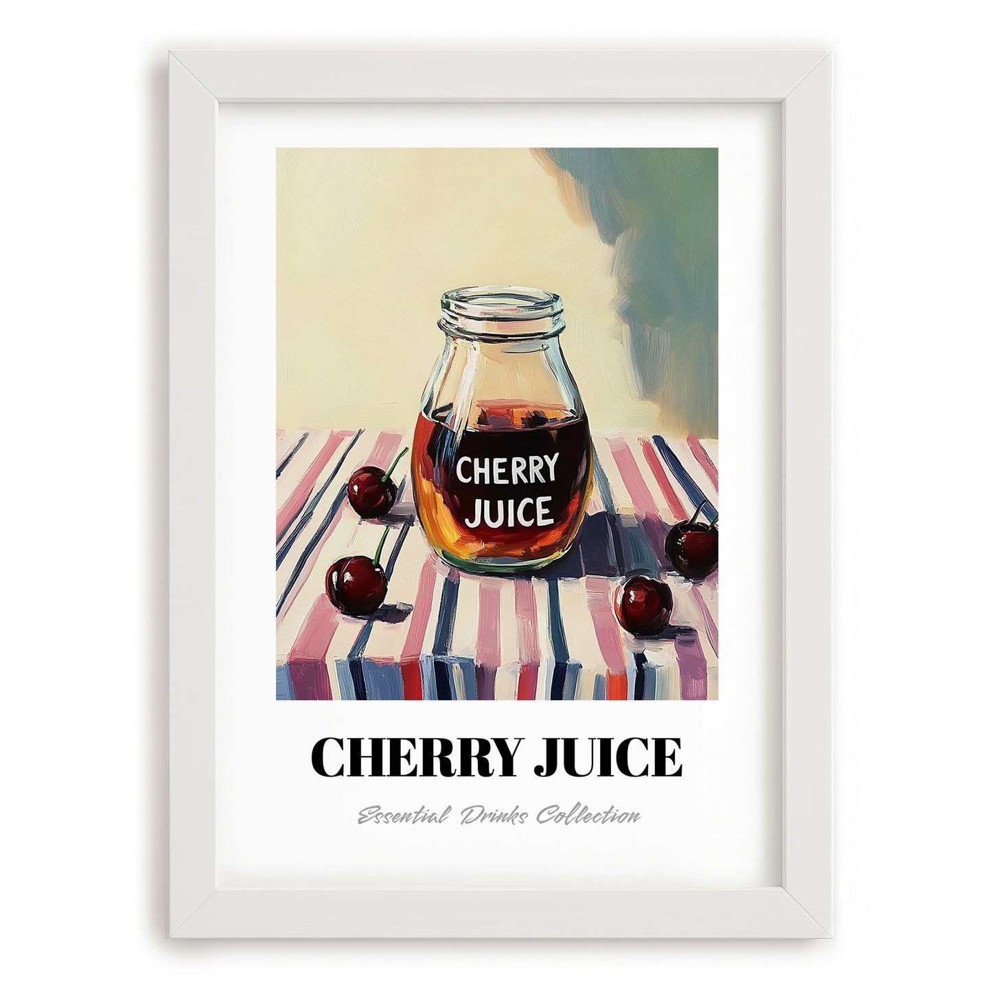 Cherry Juice – on Striped Tablecloth, Lemonade Wall Illustration, placed in minimal white frame