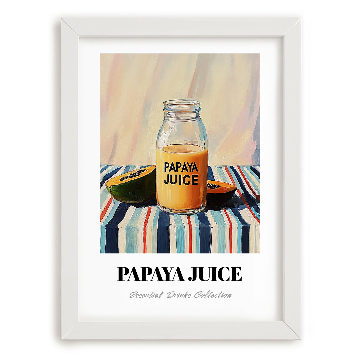 Papaya Juice – on Striped Tablecloth, Lemonade Illustration, placed in minimal white frame