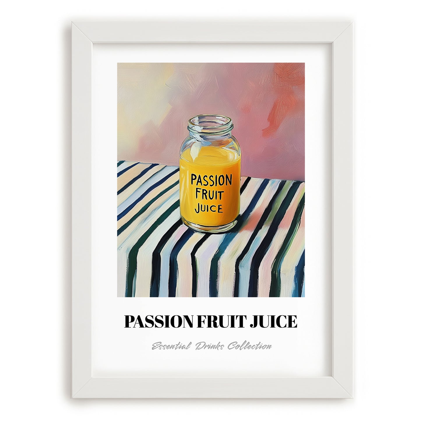 Passion Fruit Juice – on Striped Tablecloth, Lemonade Art, placed in minimal white frame