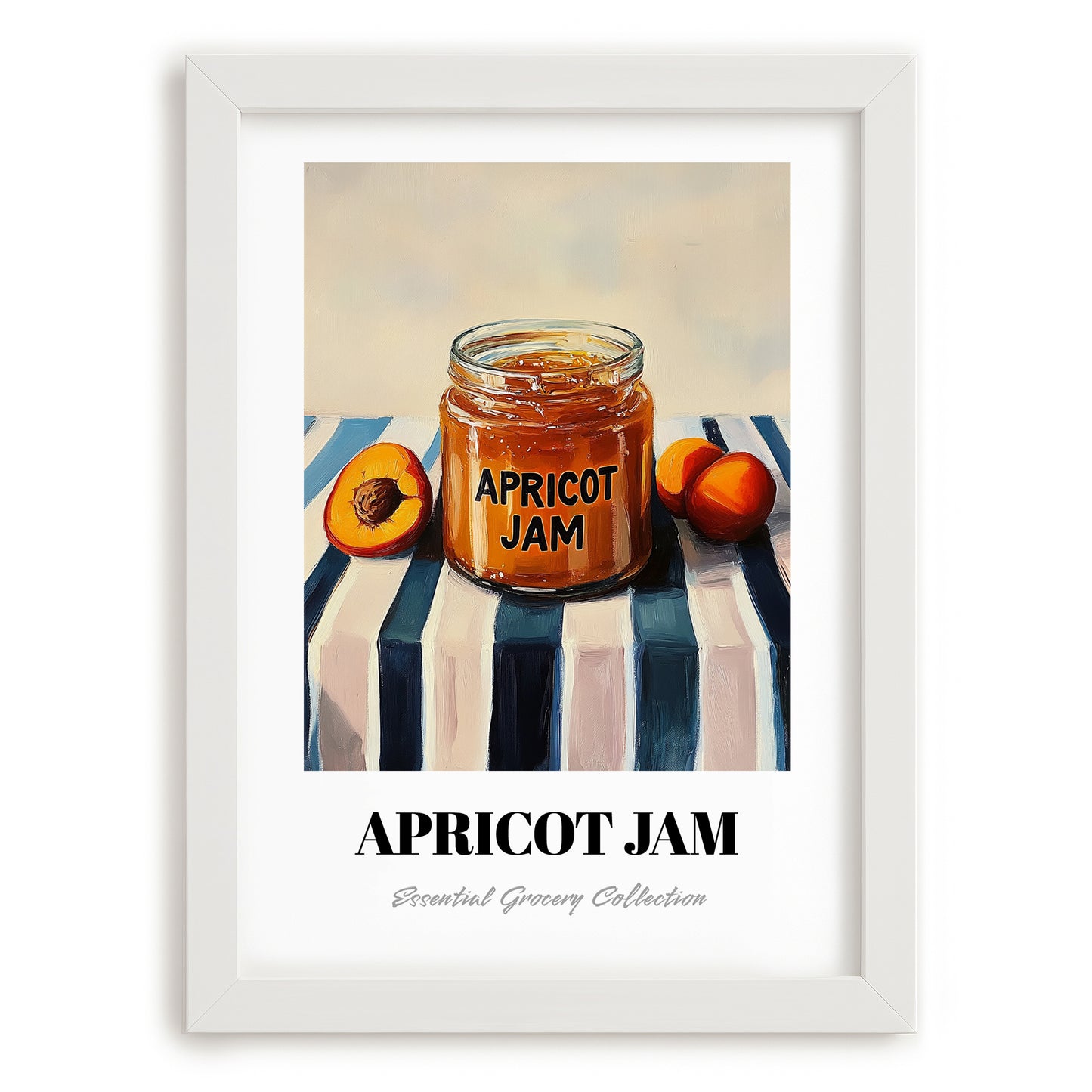 Apricot Jam – on Striped Tablecloth, Jam Wall Print, placed in minimal white frame