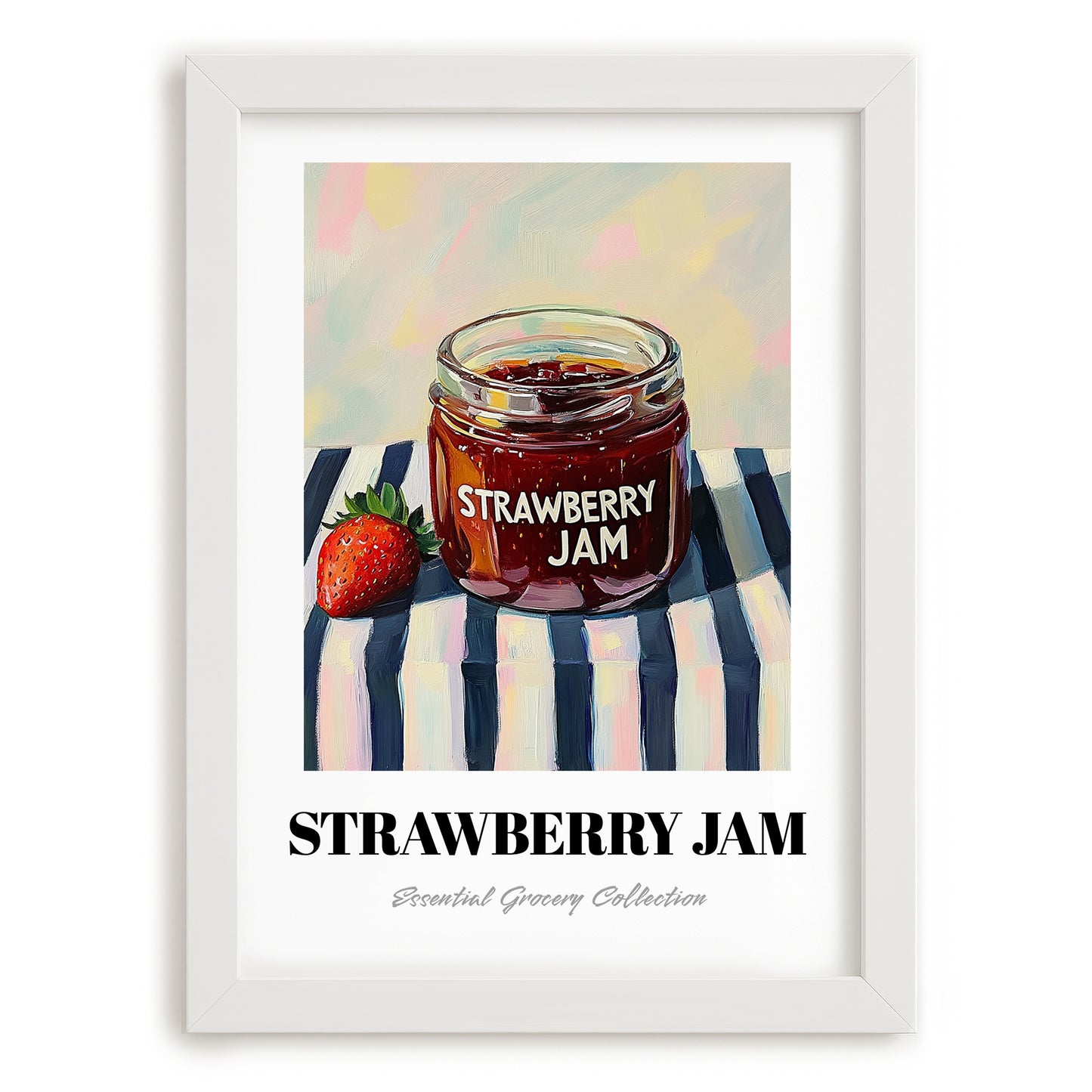 Strawberry Jam – on Striped Tablecloth, Jam Wall Art, placed in minimal white frame