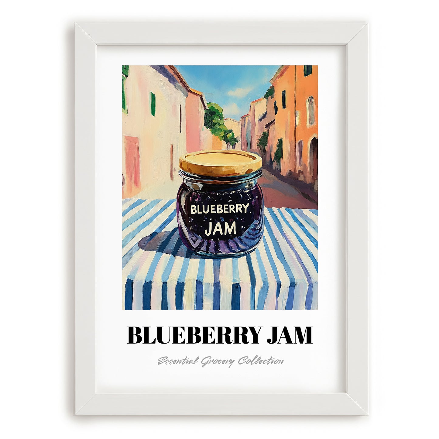 Blueberry Jam – Italian Café on the Corner, Jam Print, placed in minimal white frame