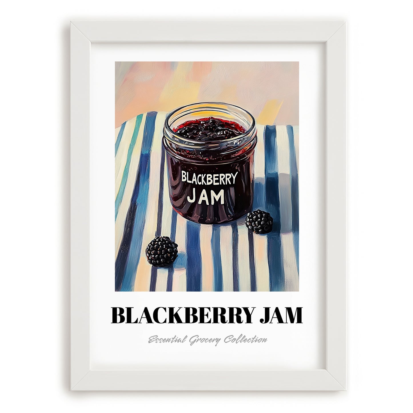 Blackberry Jam – on Striped Tablecloth, Jam Poster, placed in minimal white frame
