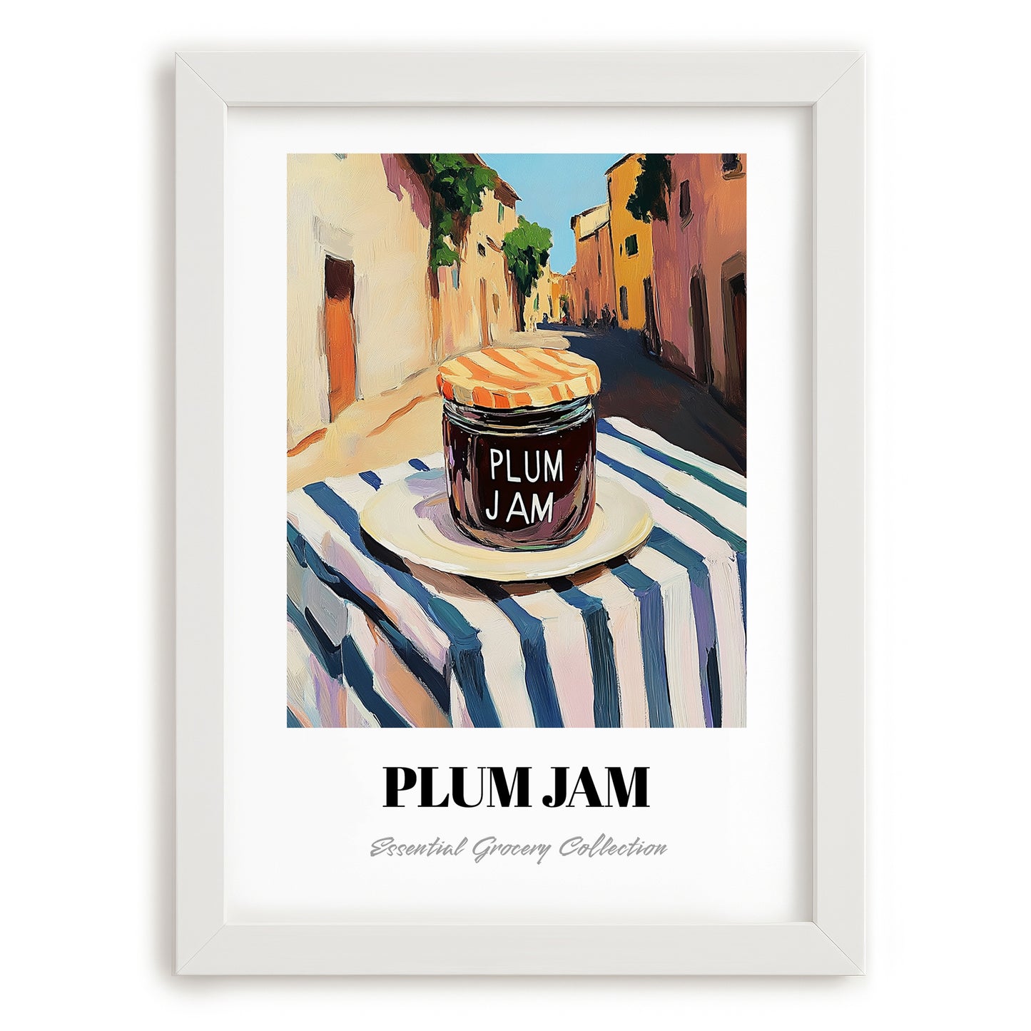 Plum Jam – Italian Street Café Scene, Jam Print, placed in minimal white frame
