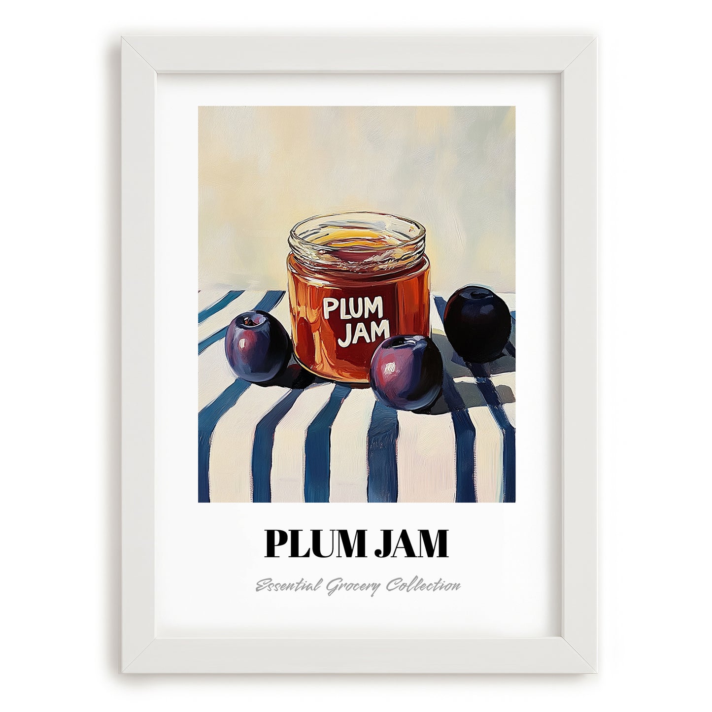 Plum Jam – on Striped Tablecloth, Jam Wall Decor, placed in minimal white frame