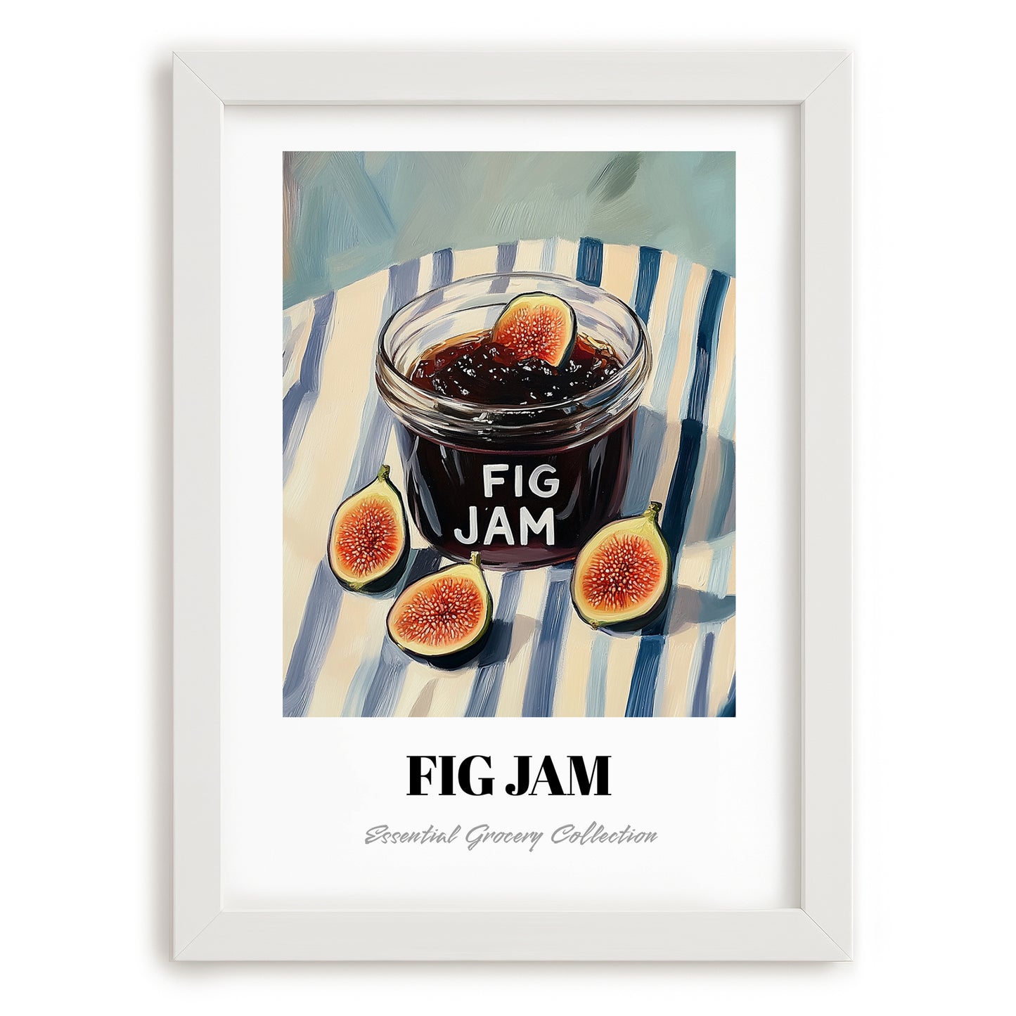 Fig Jam – on Striped Tablecloth, Jam Wall Decor, placed in minimal white frame