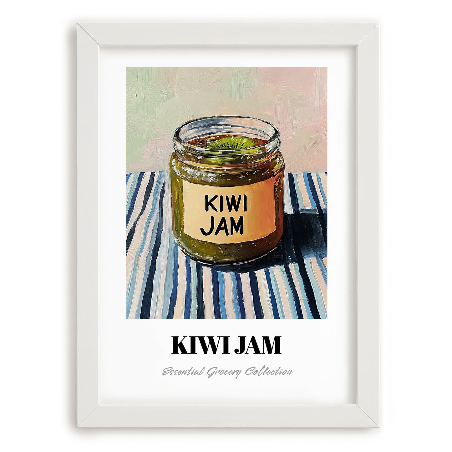 Kiwi Jam – on Striped Tablecloth, Jam Wall Decor, placed in minimal white frame