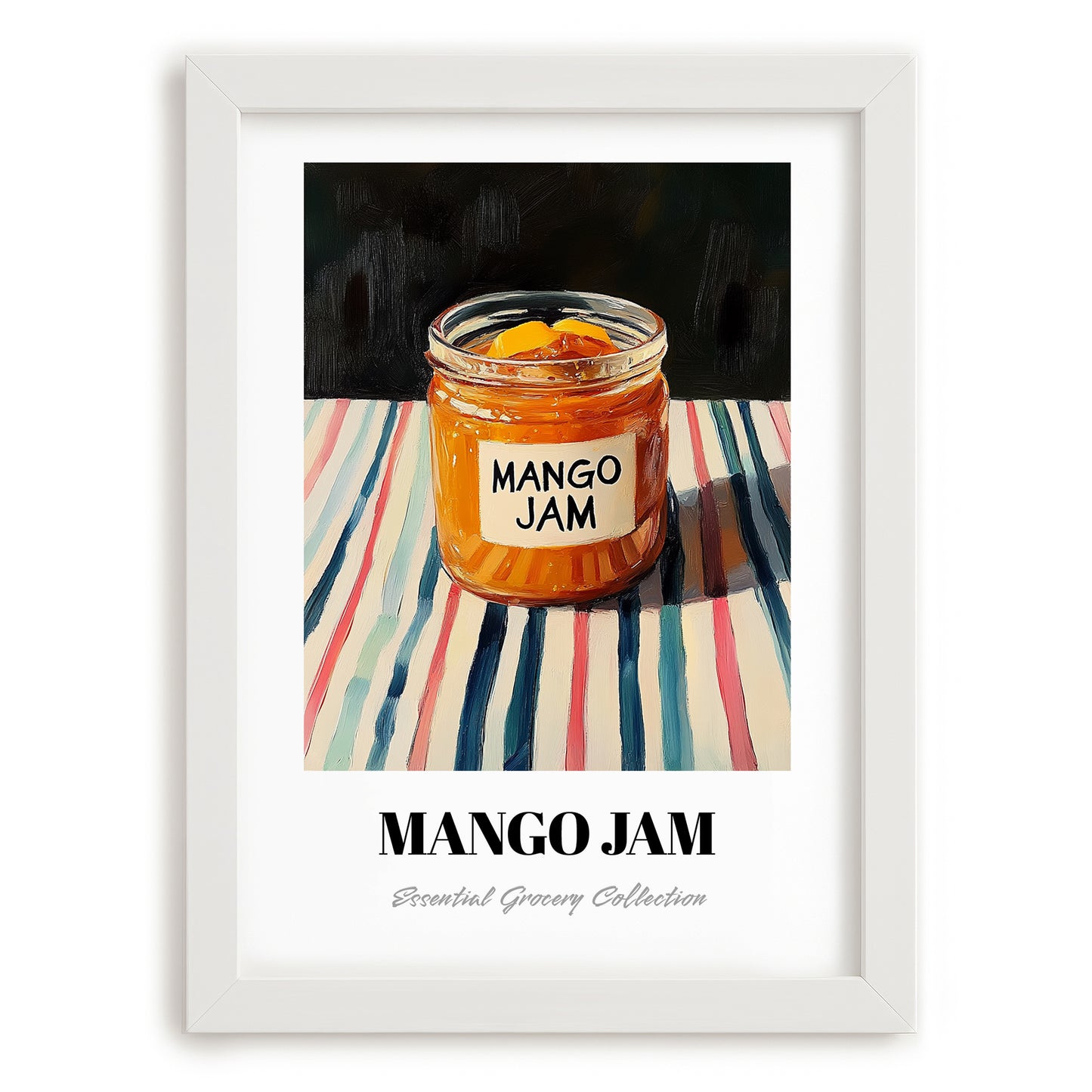 Mango Jam – on Striped Tablecloth, Jam Poster, placed in minimal white frame