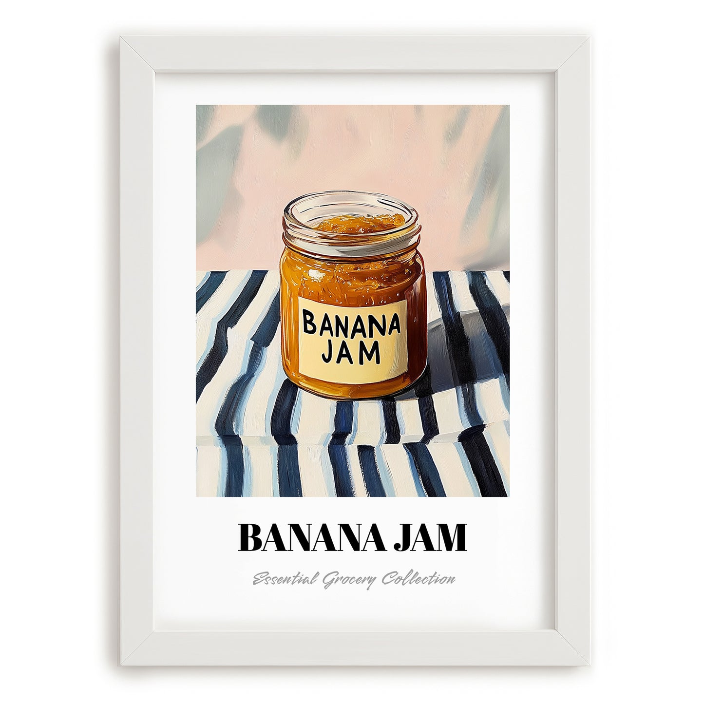 Banana Jam – on Striped Tablecloth, Jam Still Life, placed in minimal white frame