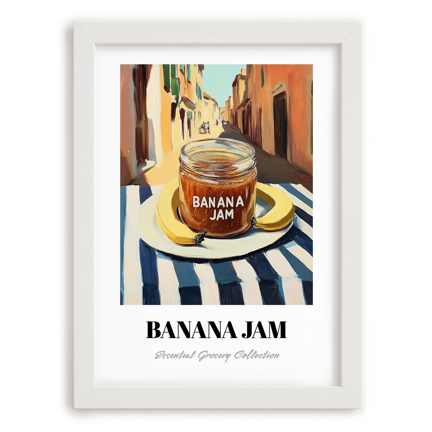 Banana Jam – Italian Outdoor Café Scene, Jam Still Life, placed in minimal white frame