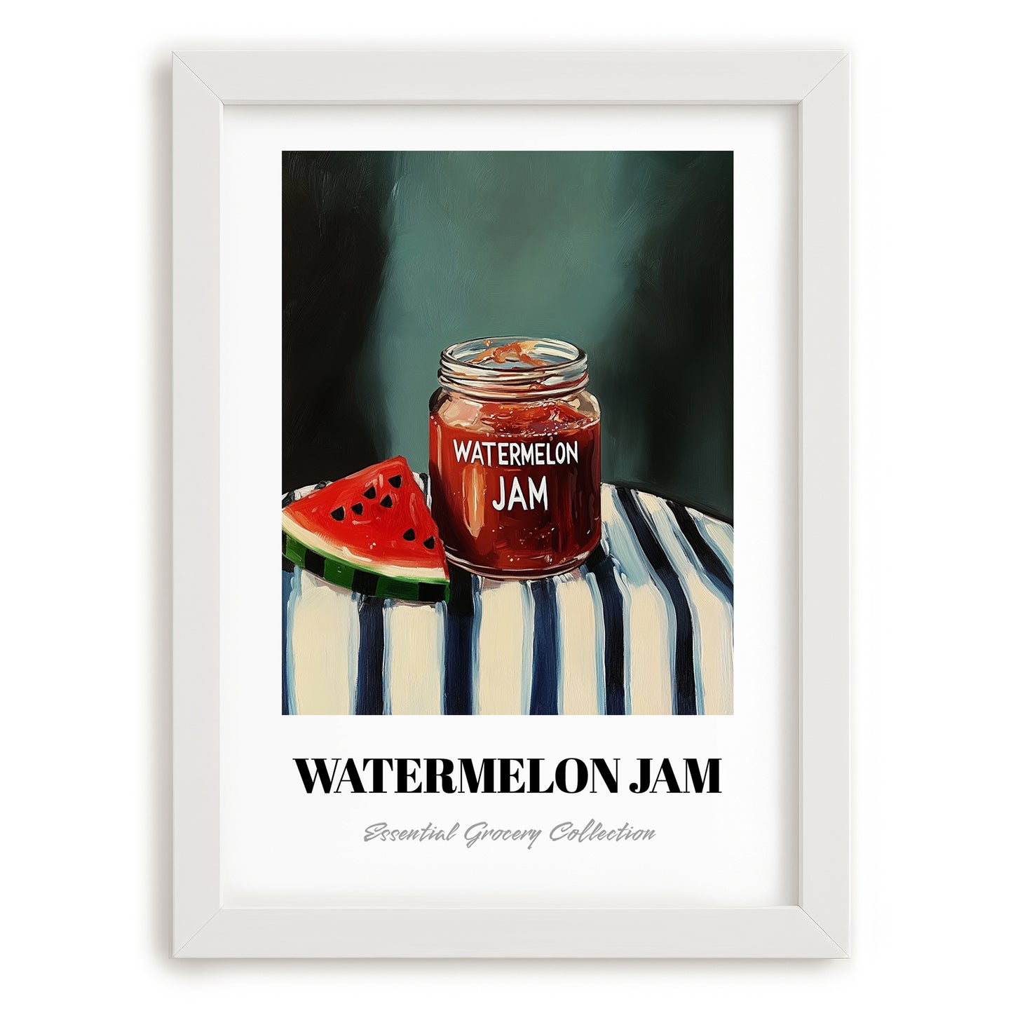Watermelon Jam – on Striped Tablecloth, Jam Painting, placed in minimal white frame
