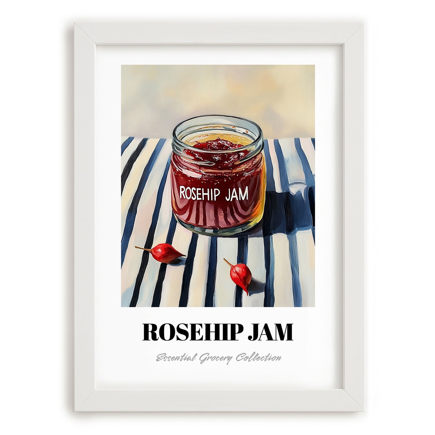 Rosehip Jam – on Striped Tablecloth, Jam Art, placed in minimal white frame
