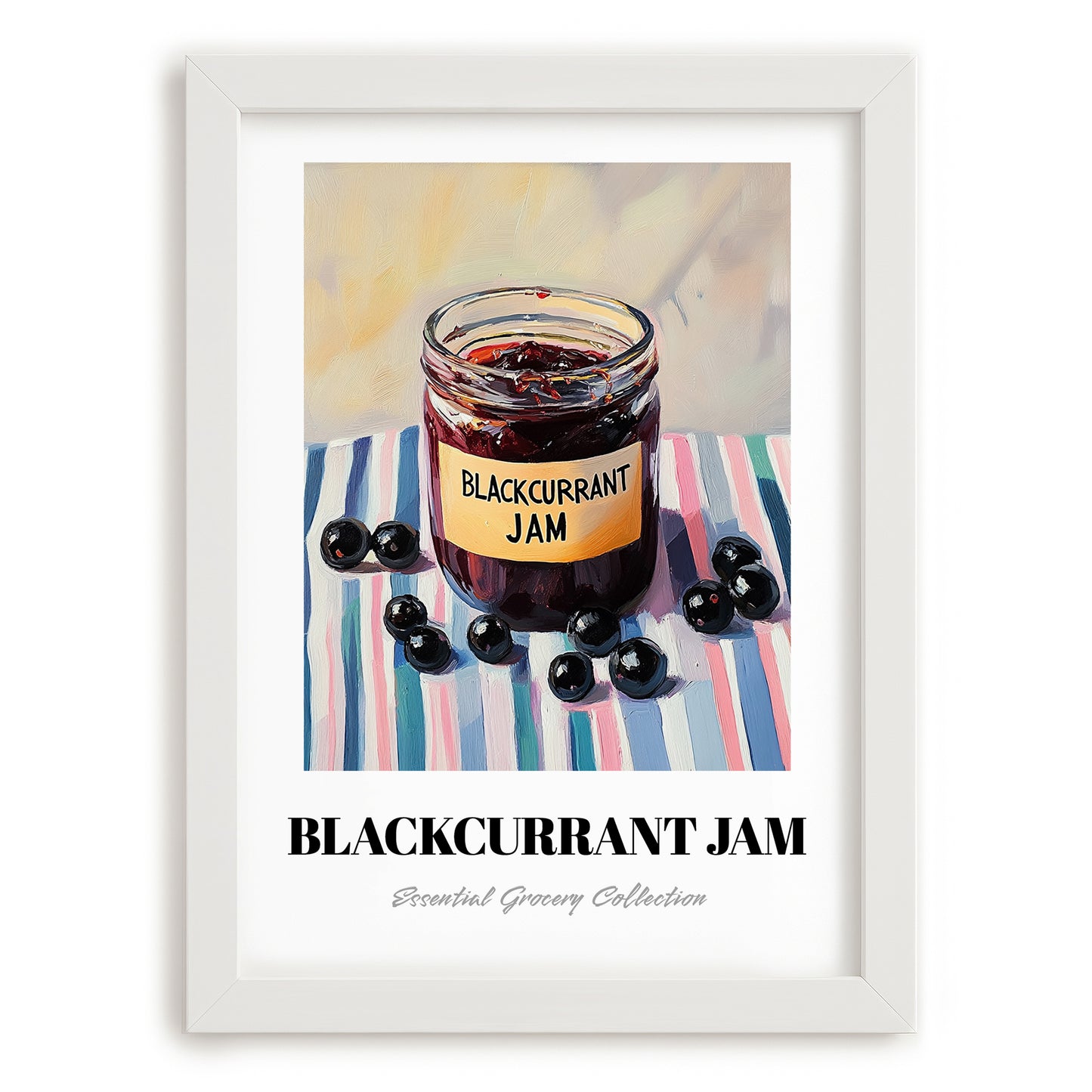 Blackcurrant Jam – on Striped Tablecloth, Jam Wall Decor, placed in minimal white frame