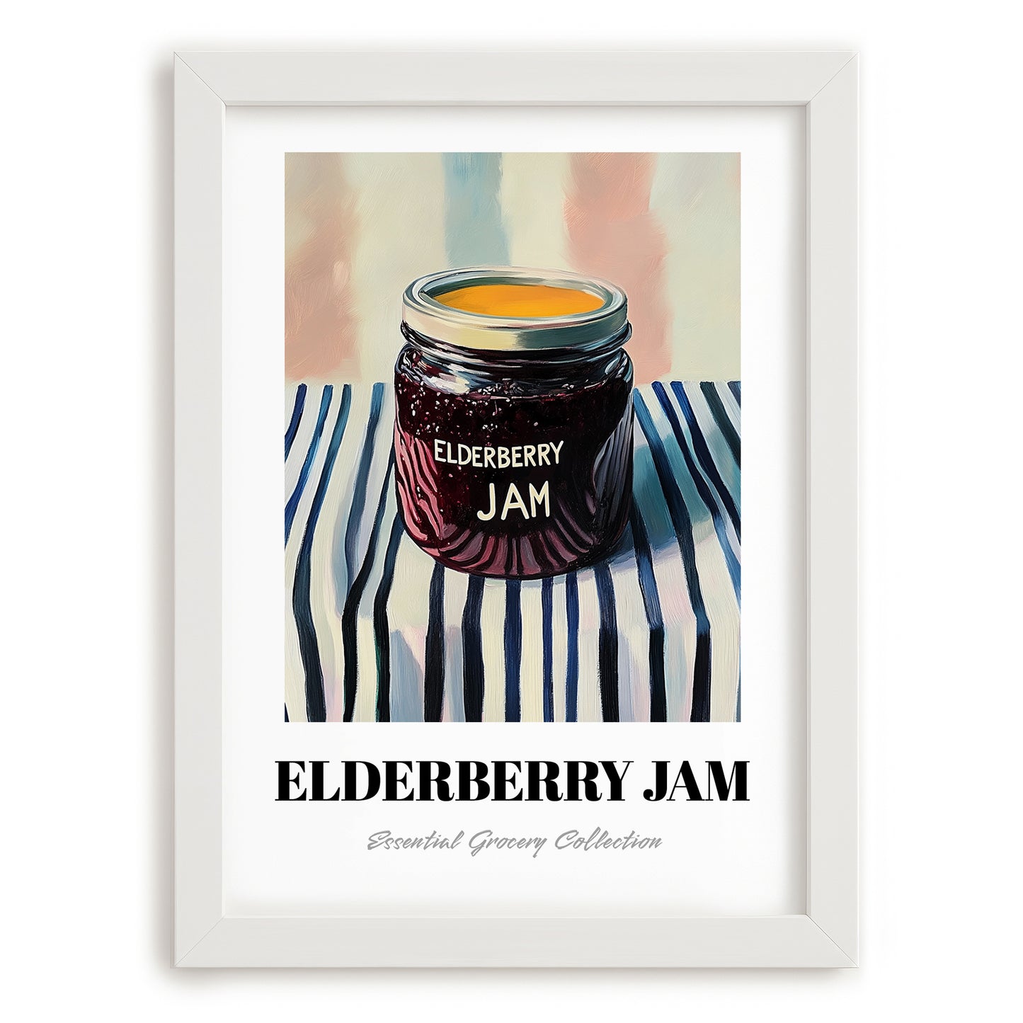 Elderberry Jam – on Striped Tablecloth, Jam Poster, placed in minimal white frame