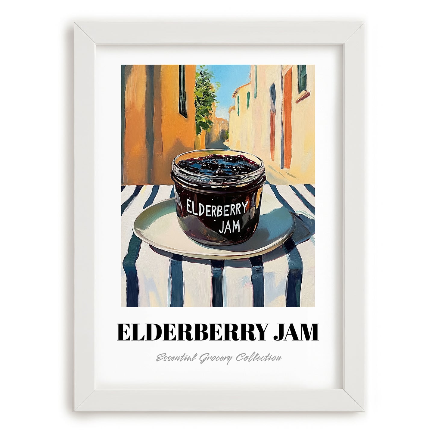 Elderberry Jam – Italian Outdoor Café Scene, Jam Painting, placed in minimal white frame