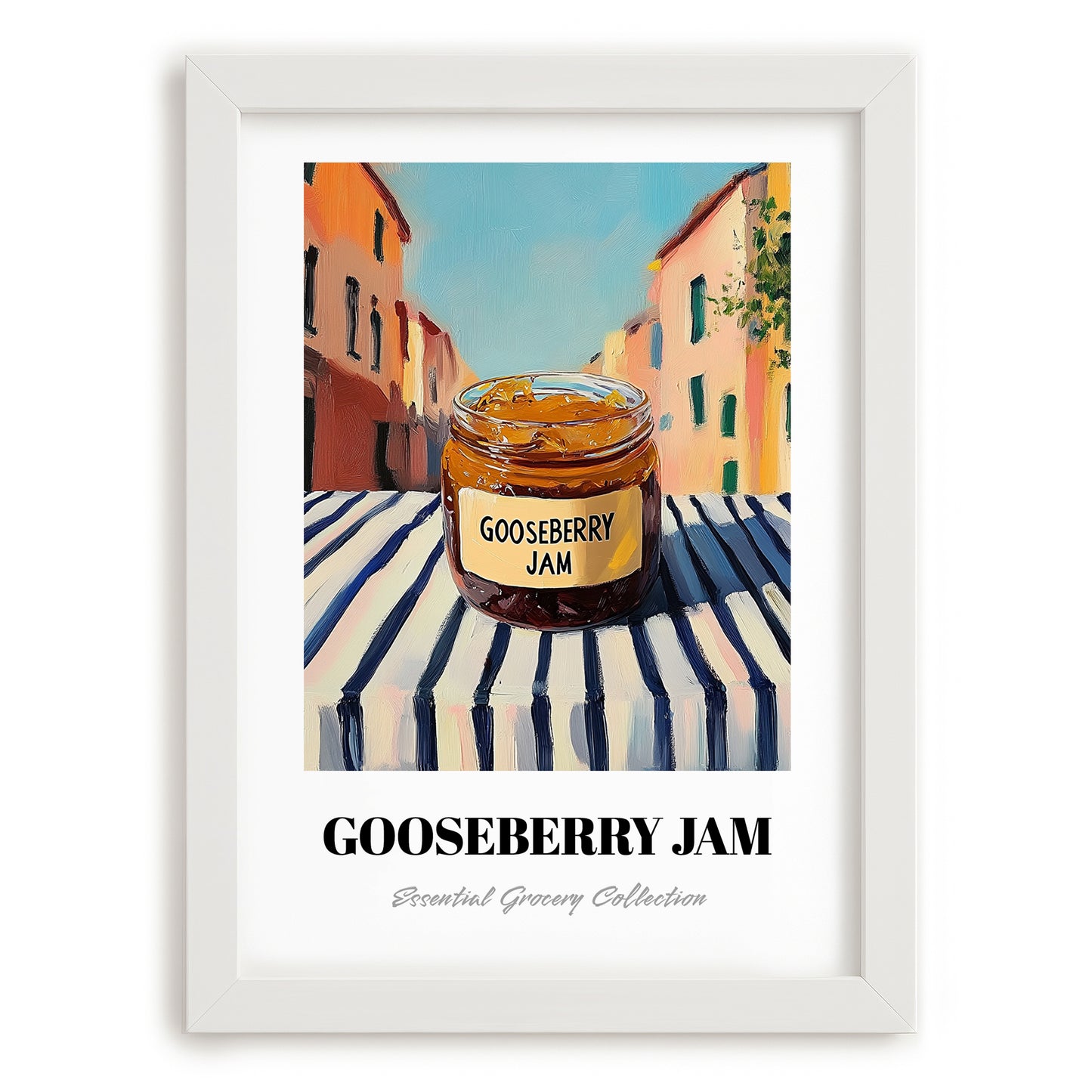 Gooseberry Jam – Italian Café on the Corner, Jam Wall Decor, placed in minimal white frame