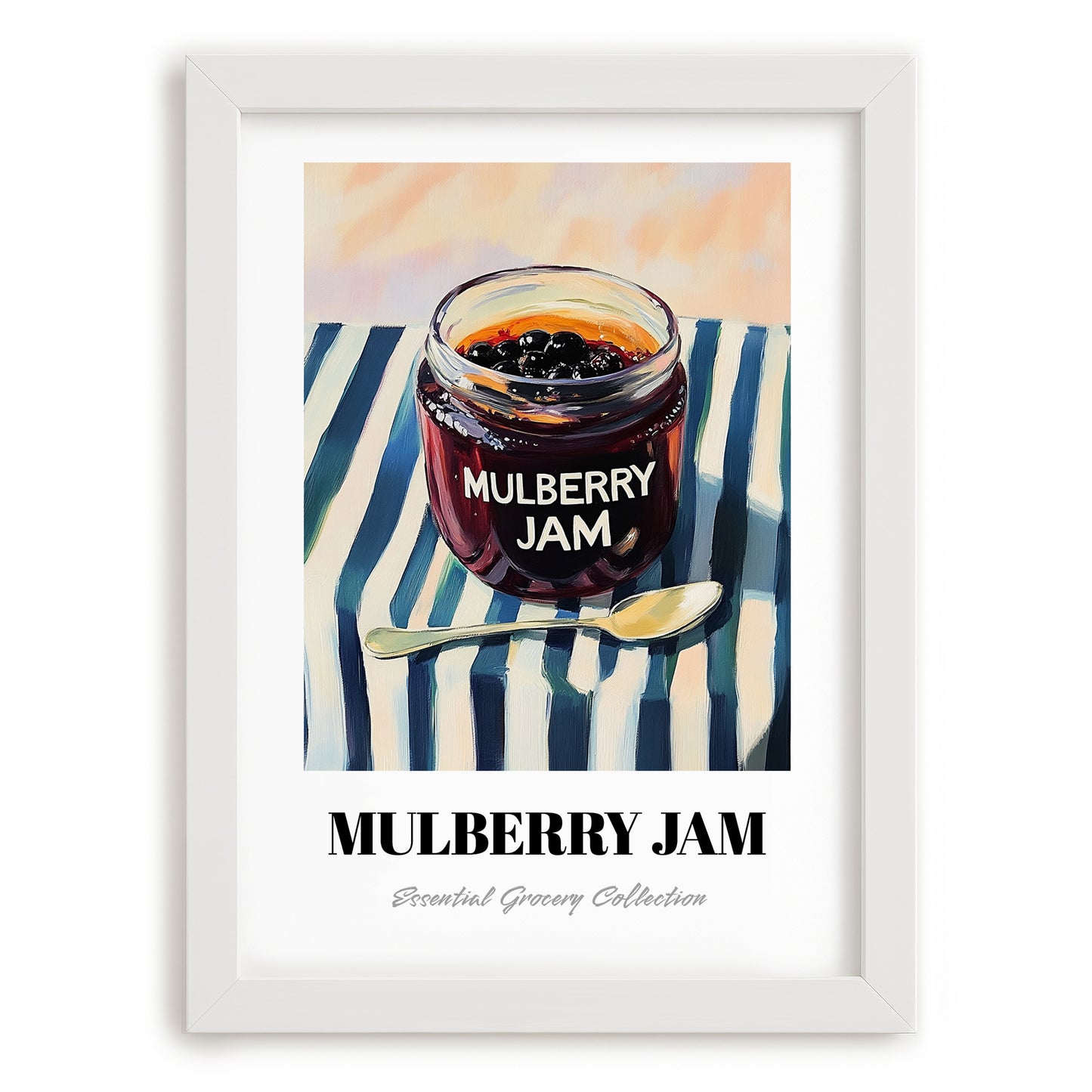 Mulberry Jam – on Striped Tablecloth, Jam Wall Decor, placed in minimal white frame