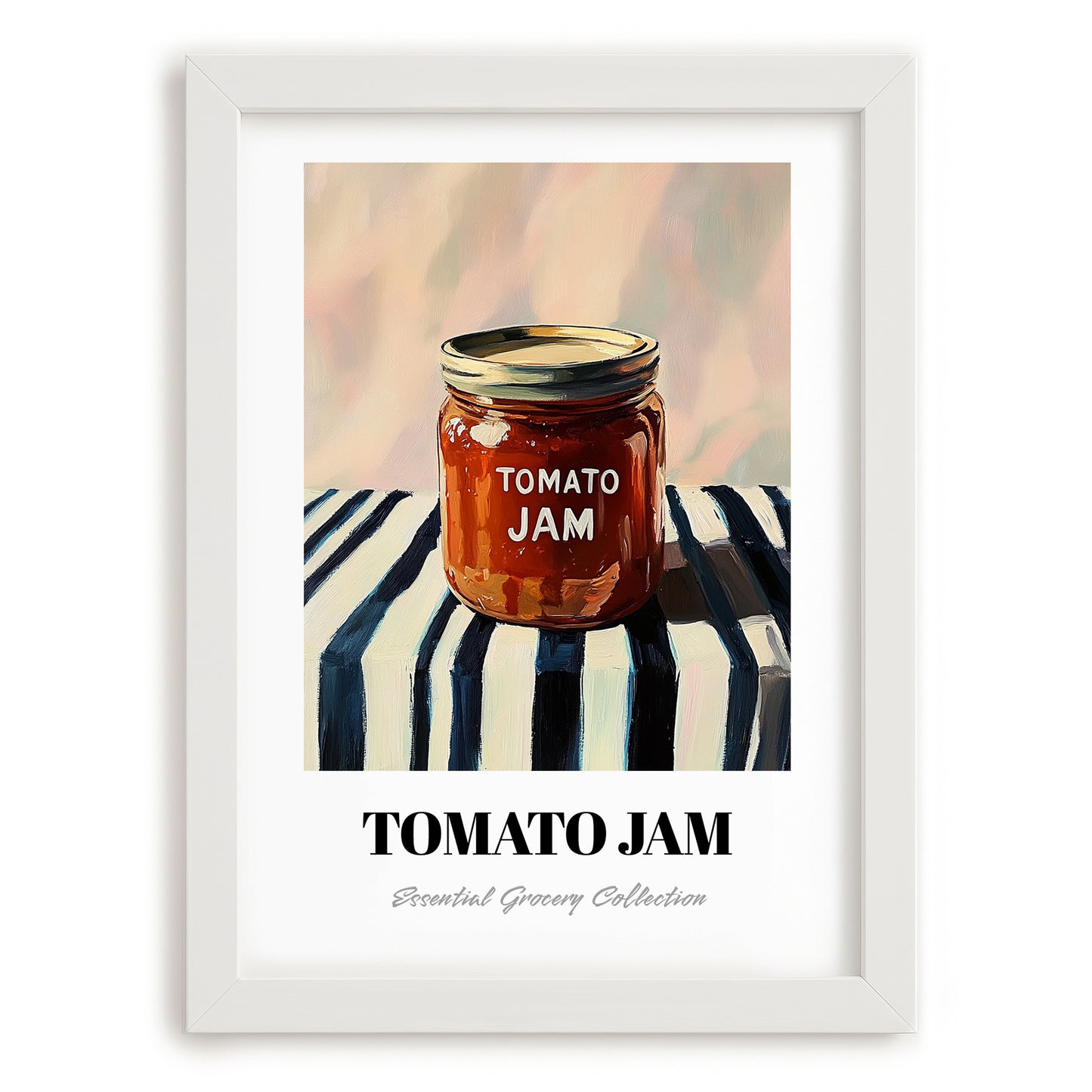 Tomato Jam – on Striped Tablecloth, Jam Painting, placed in minimal white frame