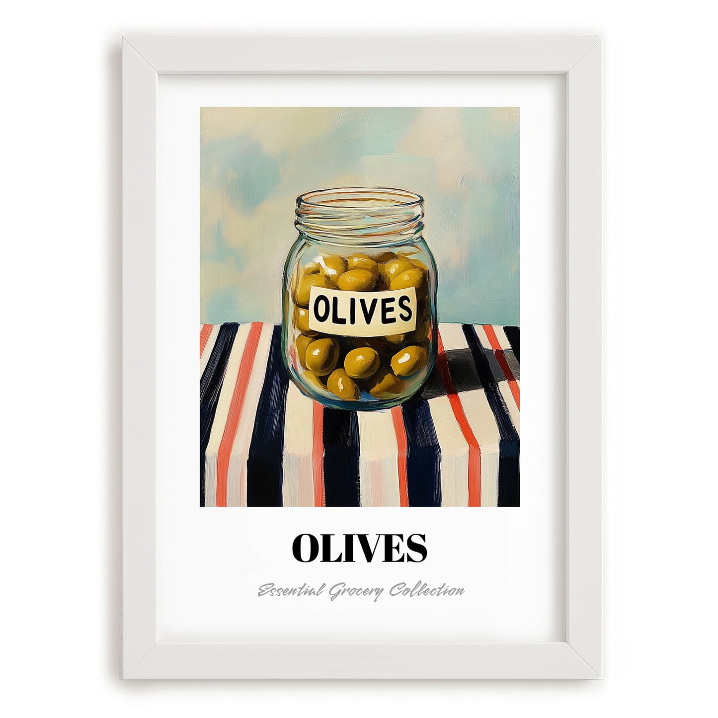 Olives – on Striped Tablecloth, Canned Vegetables Still Life, placed in minimal white frame