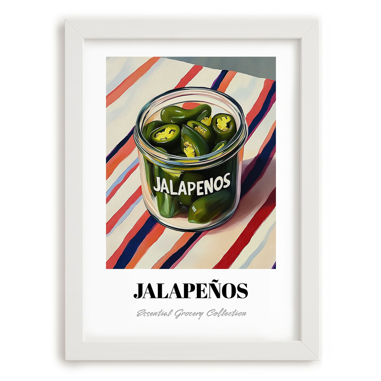 Jalapenos – on Striped Tablecloth, Bbq Painting, placed in minimal white frame