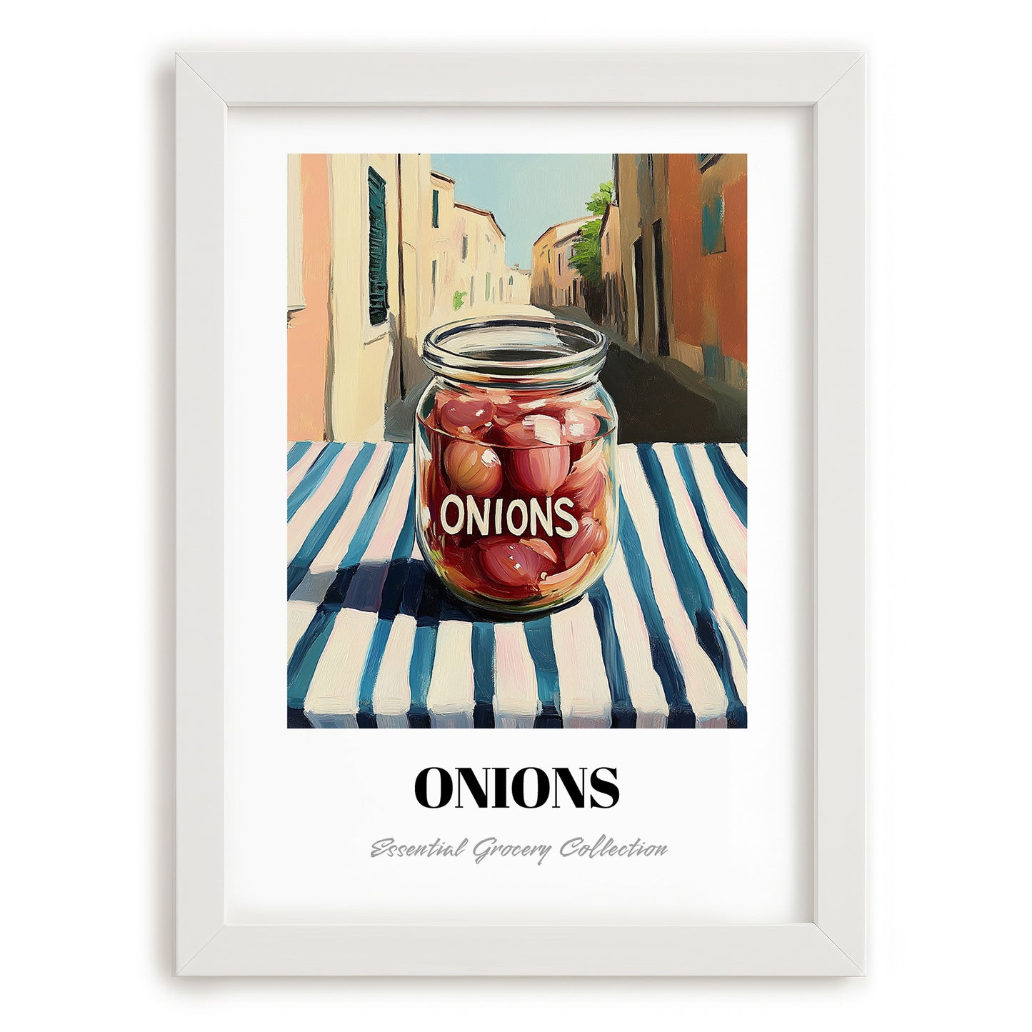 Onions – Italian Street Café Scene, Canned Vegetables Wall Poster, placed in minimal white frame