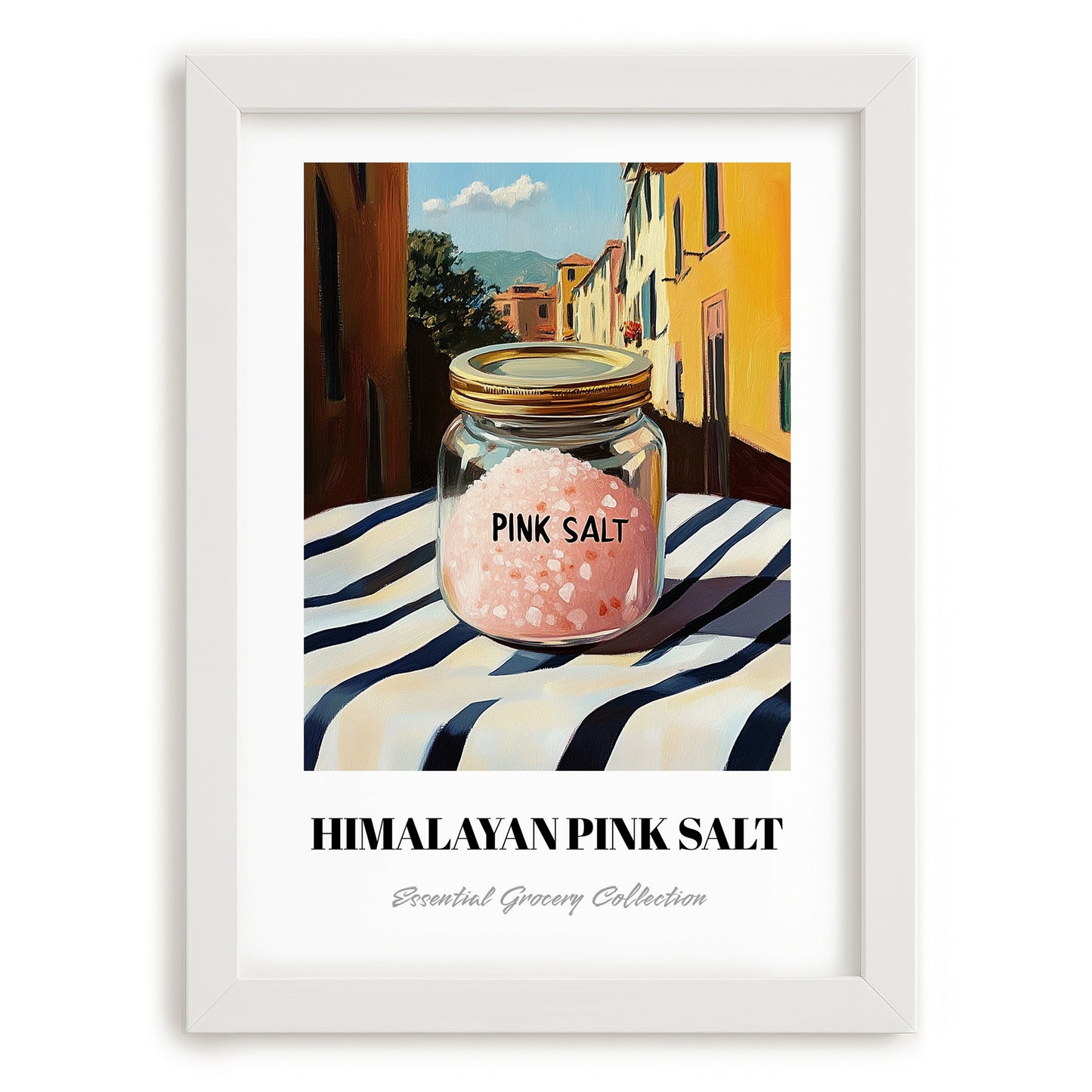 Himalayan Pink Salt – Italian Outdoor Café Scene, Spices Still Life, placed in minimal white frame