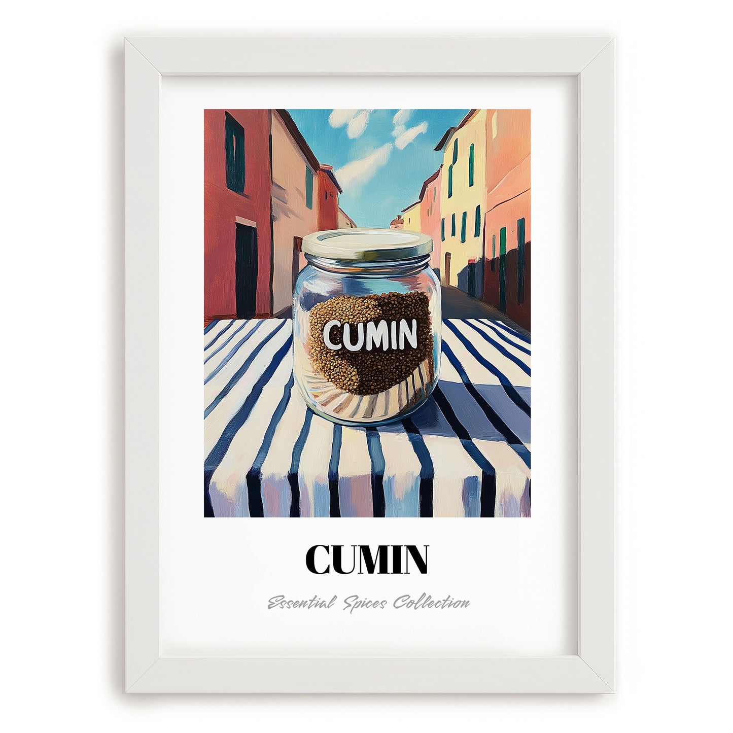 Cumin – Italian Café on the Corner, Spices Wall Decor, placed in minimal white frame