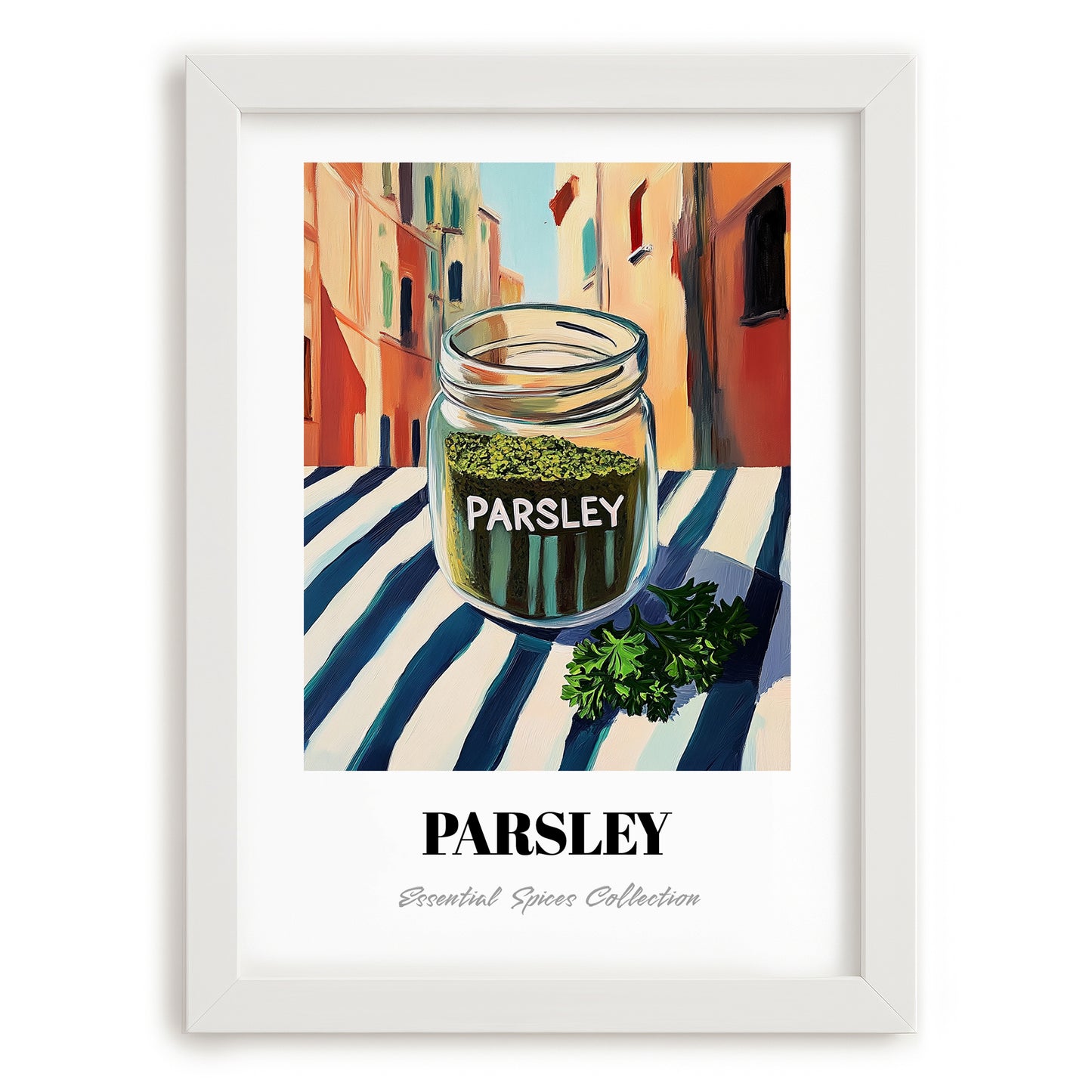 Parsley – Italian Street Café Scene, Spices Poster, placed in minimal white frame
