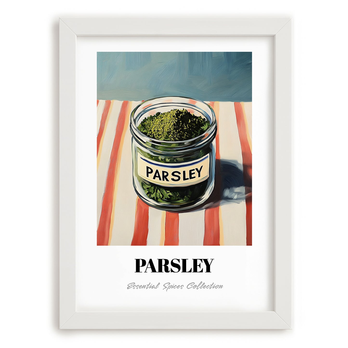 Parsley – on Striped Tablecloth, Spices Wall Decor, placed in minimal white frame