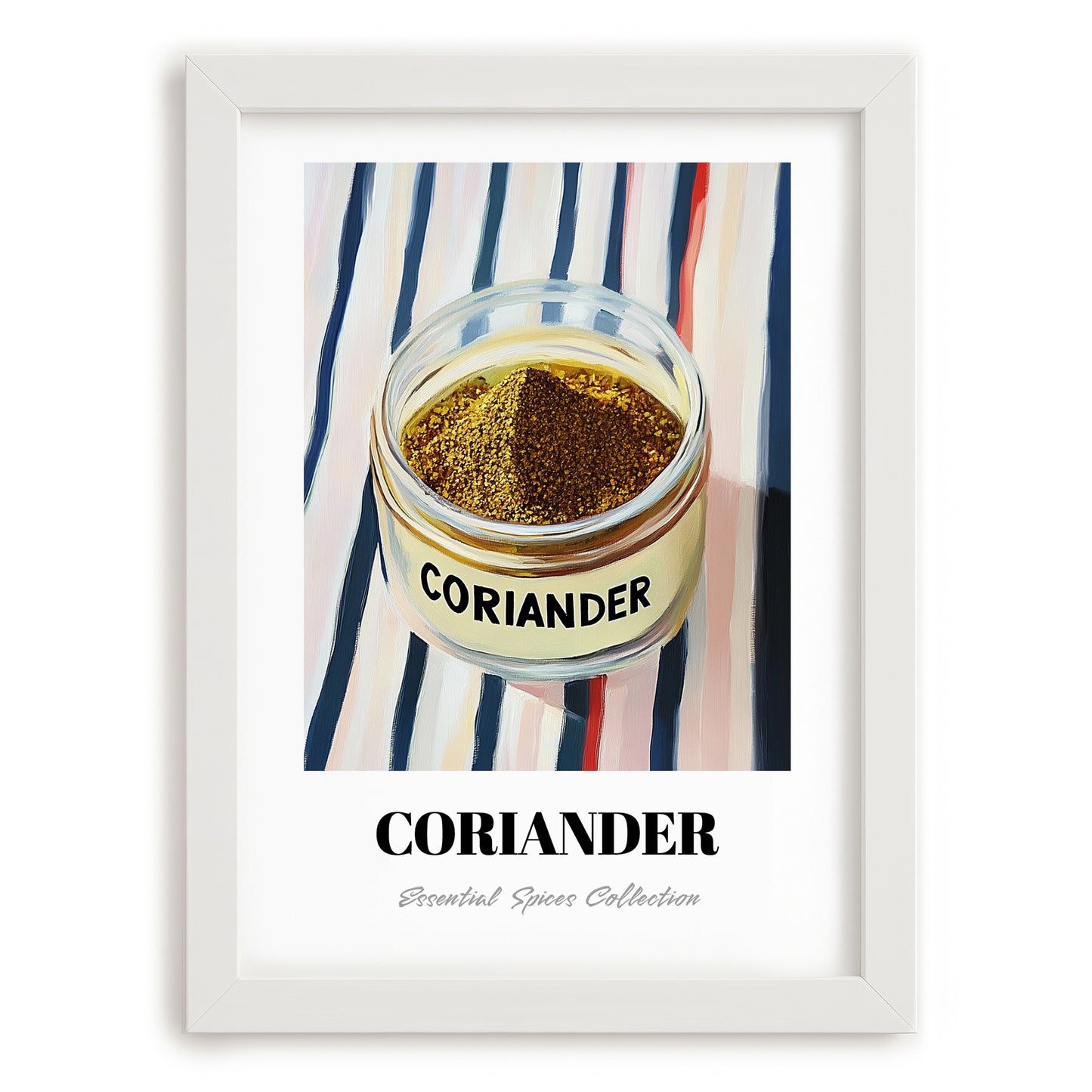 Coriander – on Striped Tablecloth, Spices Poster, placed in minimal white frame