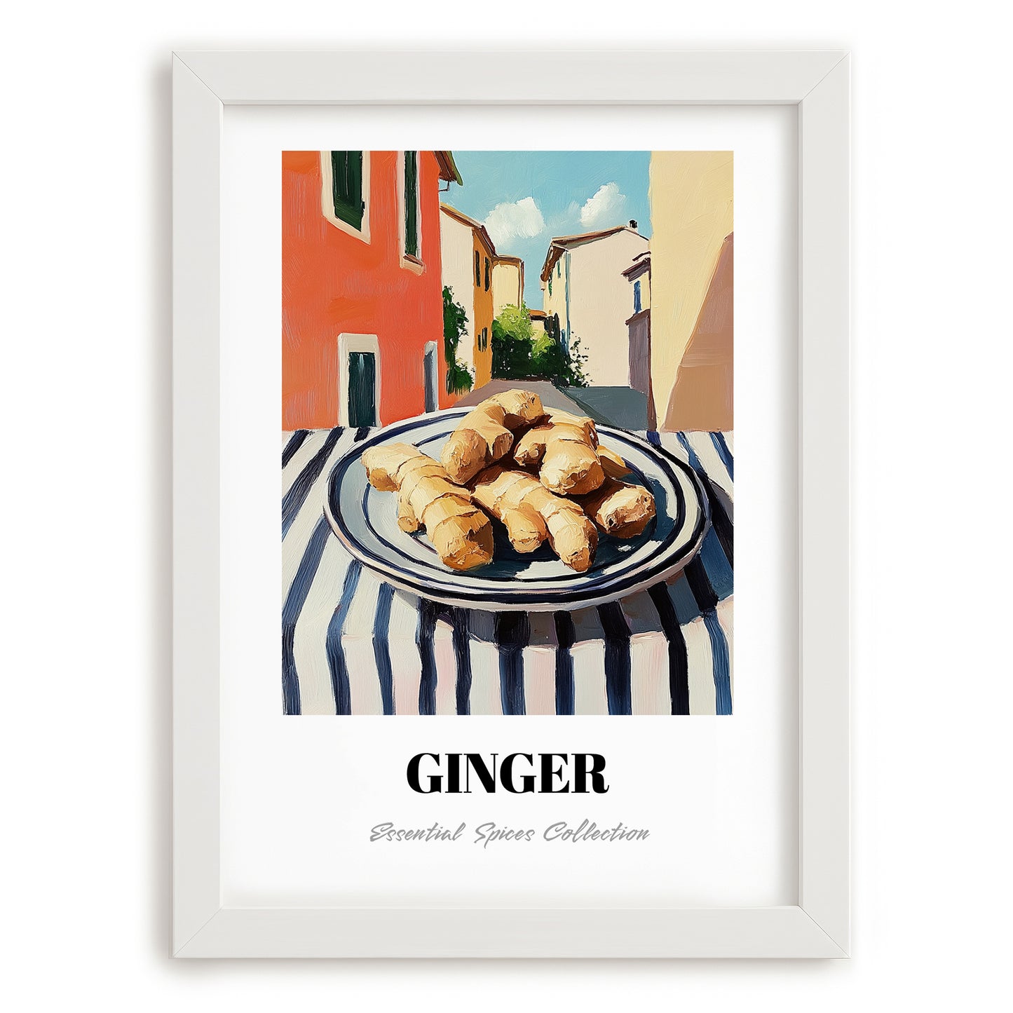 Ginger – Italian Café on the Corner, Spices Painting, placed in minimal white frame