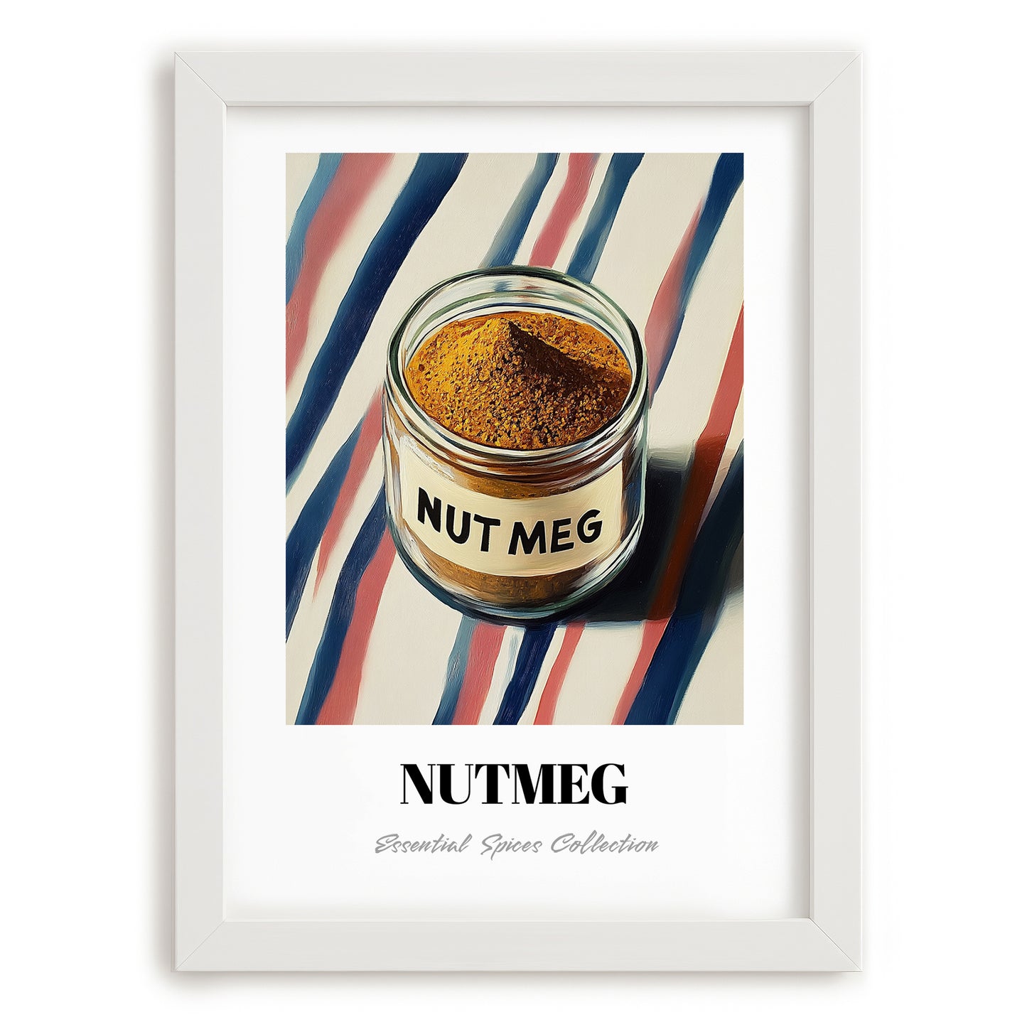 Nutmeg – on Striped Tablecloth, Spices Illustration, placed in minimal white frame