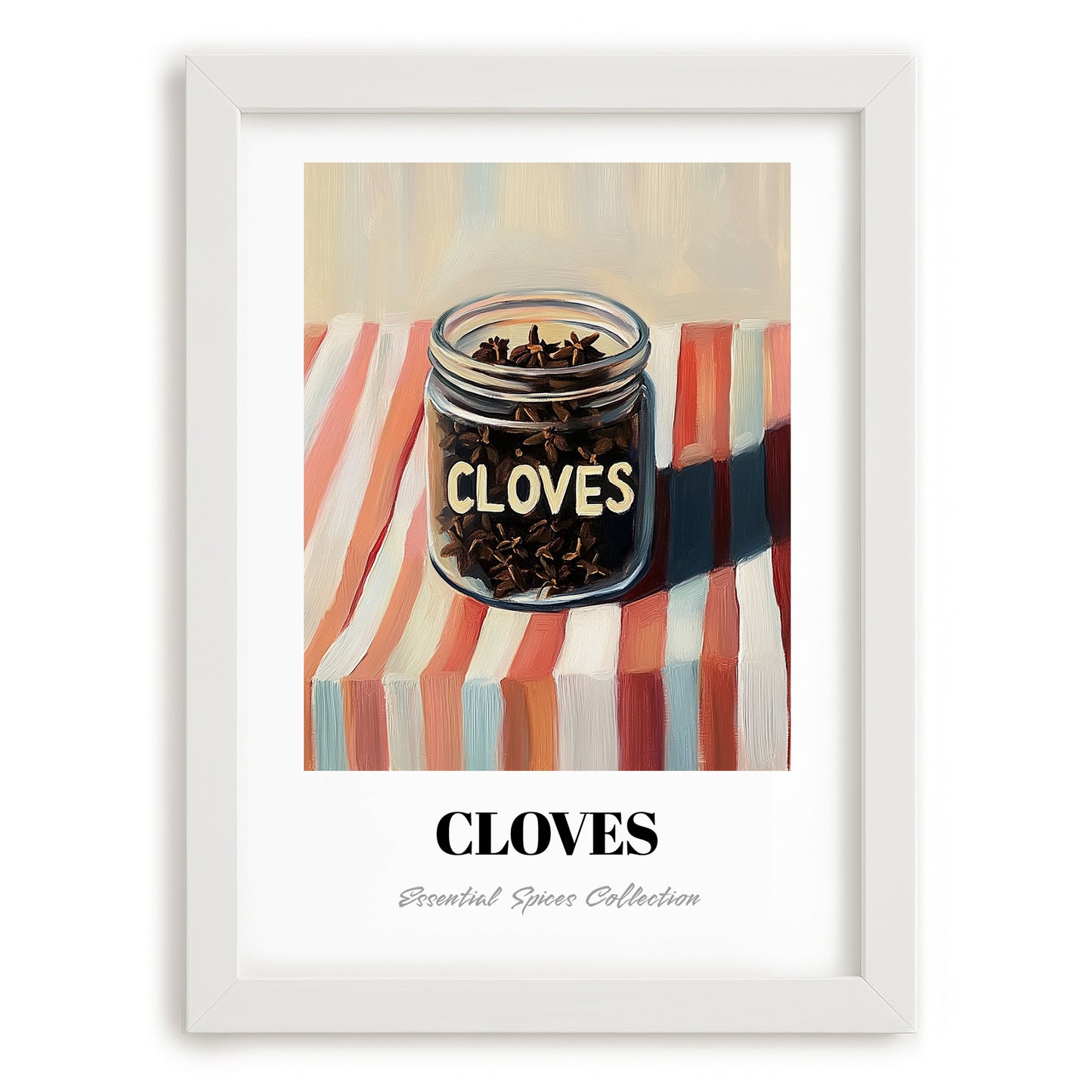 Cloves – on Striped Tablecloth, Spices Painting, placed in minimal white frame