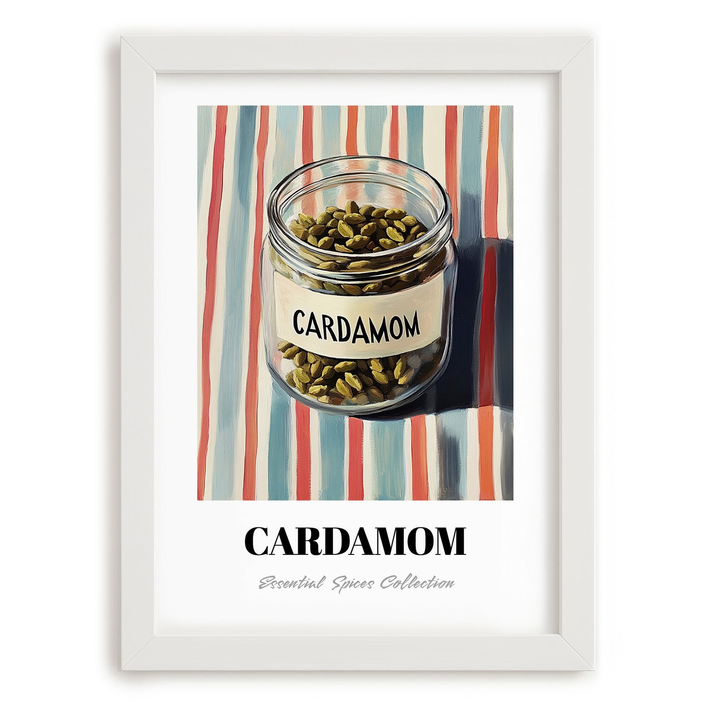 Cardamom – on Striped Tablecloth, Spices Illustration, placed in minimal white frame