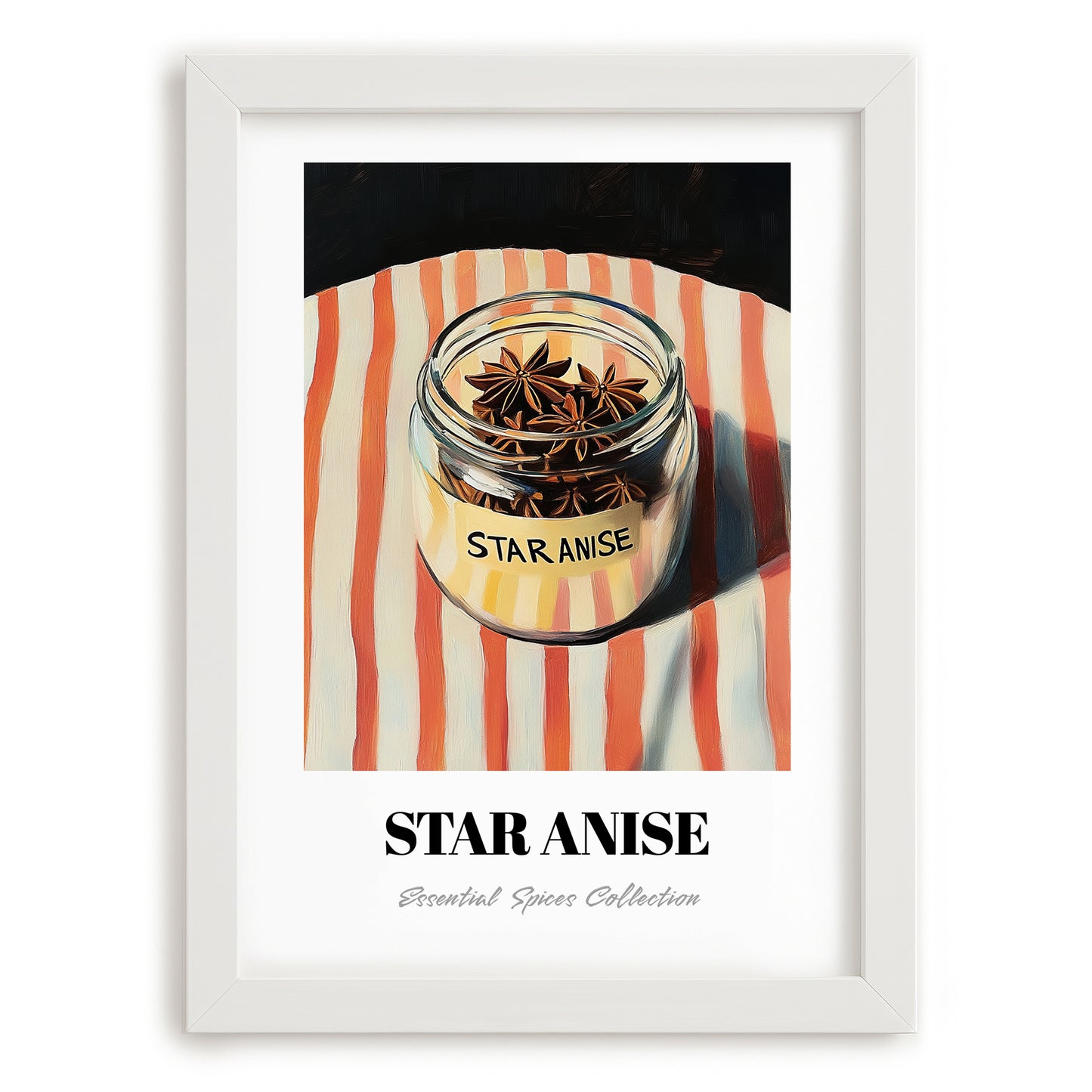 Star Anise – on Striped Tablecloth, Spices Print, placed in minimal white frame